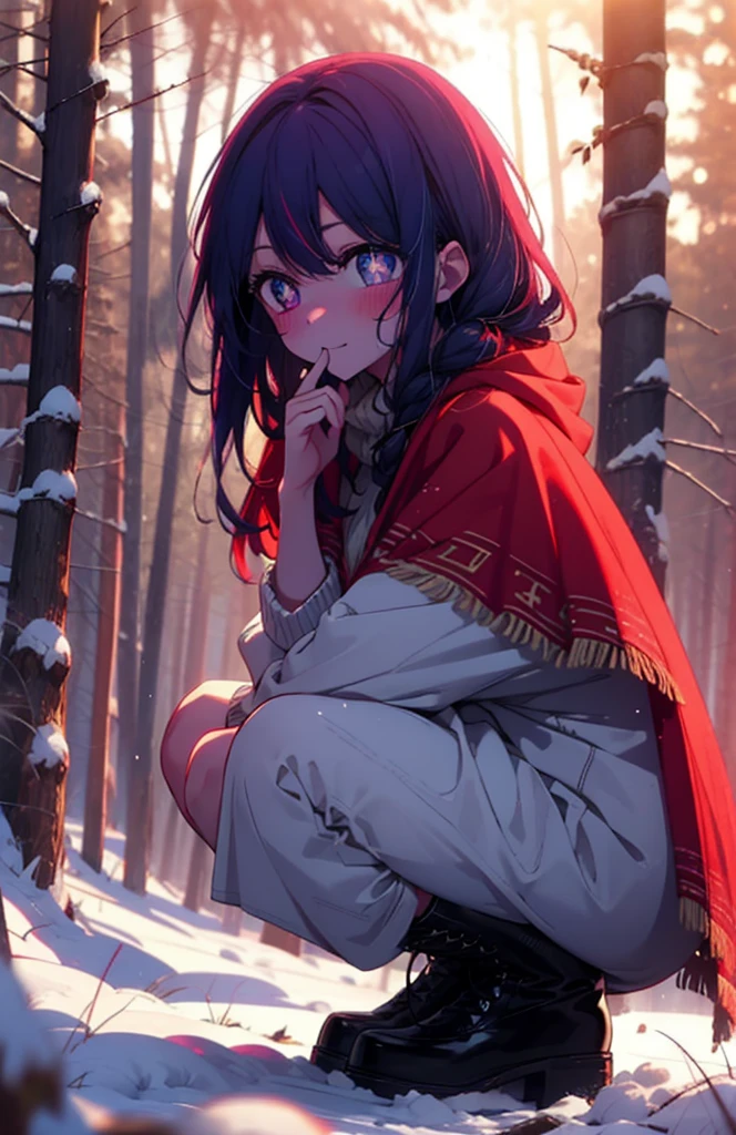 aihoshino, Ai Hoshino, Long Hair, bangs, (Purple eyes:1.1), Purple Hair, (Symbol-shaped pupil:1.5), smile,,smile,blush,white breath,
Open your mouth,snow,Ground bonfire, Outdoor, boots, snowing, From the side, wood, suitcase, Cape, Blurred, , forest, White handbag, nature,  Squat, Mouth closed, Cape, winter, Written boundary depth, Black shoes, red Cape break looking at viewer, Upper Body, whole body, break Outdoor, forest, nature, break (masterpiece:1.2), Highest quality, High resolution, unity 8k wallpaper, (shape:0.8), (Beautiful and beautiful eyes:1.6), Highly detailed face, Perfect lighting, Extremely detailed CG, (Perfect hands, Perfect Anatomy),