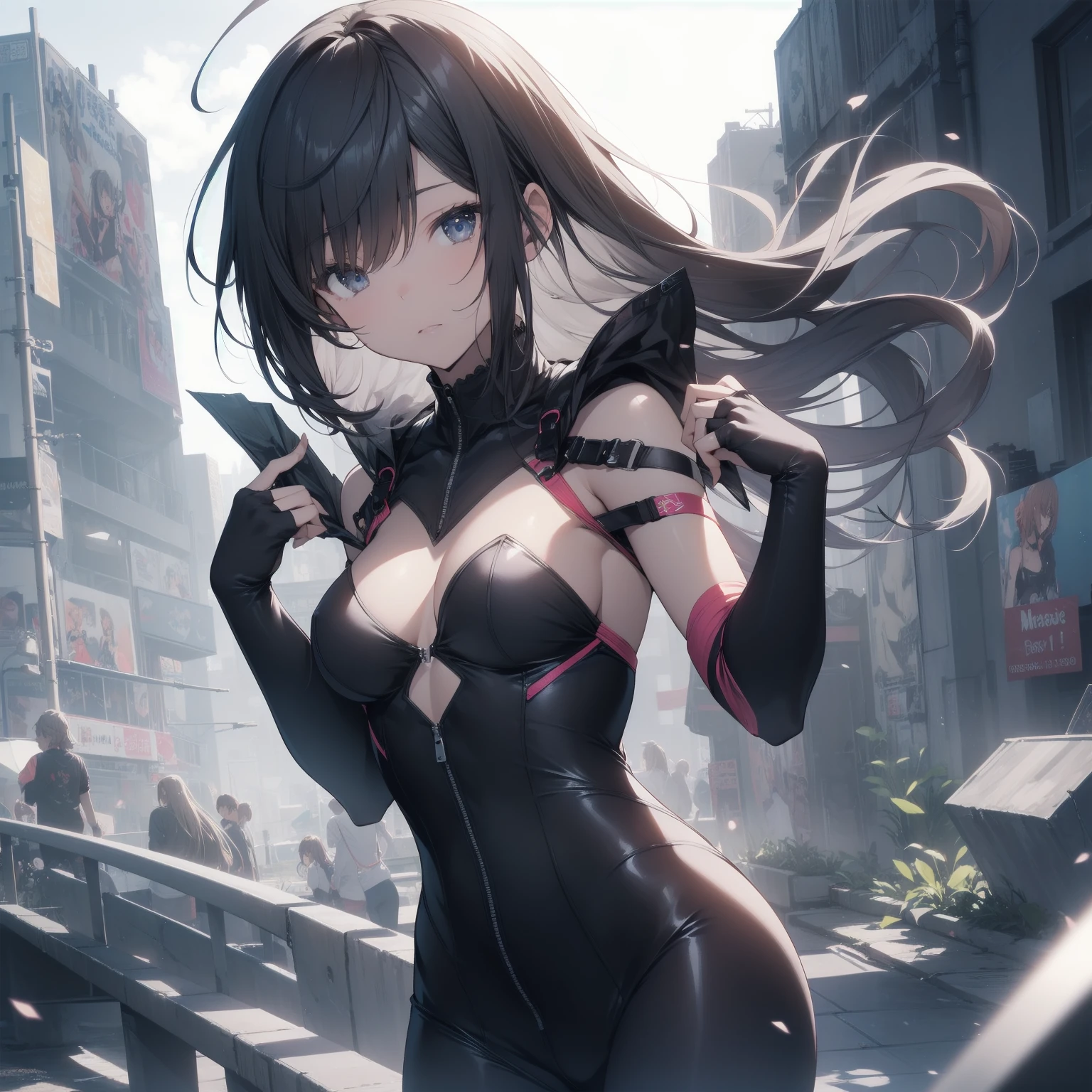 ultra-absurdres-Top quality by artist God, ultra-detailed, high resolution, anime moe artstyle, best anime 8k konachan wallpaper, pixiv contest winner, pool:2810, perfect anatomy,break, 1girl, (Please draw a girl dynamic action to skyscraper alone. )break,(Solo,little female, 16-year-old:1.3),Full limbs, complete fingers, cyberpunk, (very short hair), pixie cut, large breasts, groin, butt, small black eyes, beautiful detailed eyes, well-proportioned iris and pupils, expressive eyes, highres detailed hair, expressionless, bodysuit, plugsuit, (Detailed Lighting), (Detailed background), in the cityscape. break,super detailed skin, Best cinematic lighting powered by famous artist, 8k,sexual illustration,photoshop_(medium),very aesthetic,break,((artist:izumi_tsubasu )), artist:clamp ,artist:carnelian ,artist:kantoku ,