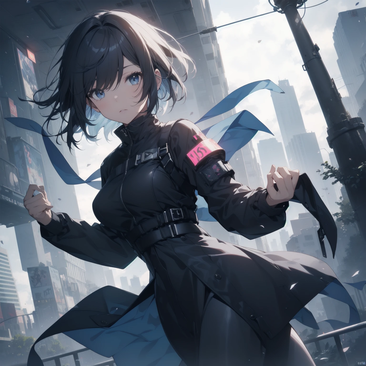 ultra-absurdres-Top quality by artist God, ultra-detailed, high resolution, anime moe artstyle, best anime 8k konachan wallpaper, pixiv contest winner, pool:2810, perfect anatomy,break, 1girl, (Please draw a girl dynamic action to skyscraper alone. )break,(Solo,little female, 16-year-old:1.3),Full limbs, complete fingers, cyberpunk, (very short hair), pixie cut, large breasts, groin, butt, small black eyes, beautiful detailed eyes, well-proportioned iris and pupils, expressive eyes, highres detailed hair, expressionless, bodysuit, plugsuit, (Detailed Lighting), (Detailed background), in the cityscape. break,super detailed skin, Best cinematic lighting powered by famous artist, 8k,sexual illustration,photoshop_(medium),very aesthetic,break,((artist:izumi_tsubasu )), artist:clamp ,artist:carnelian ,artist:kantoku ,
