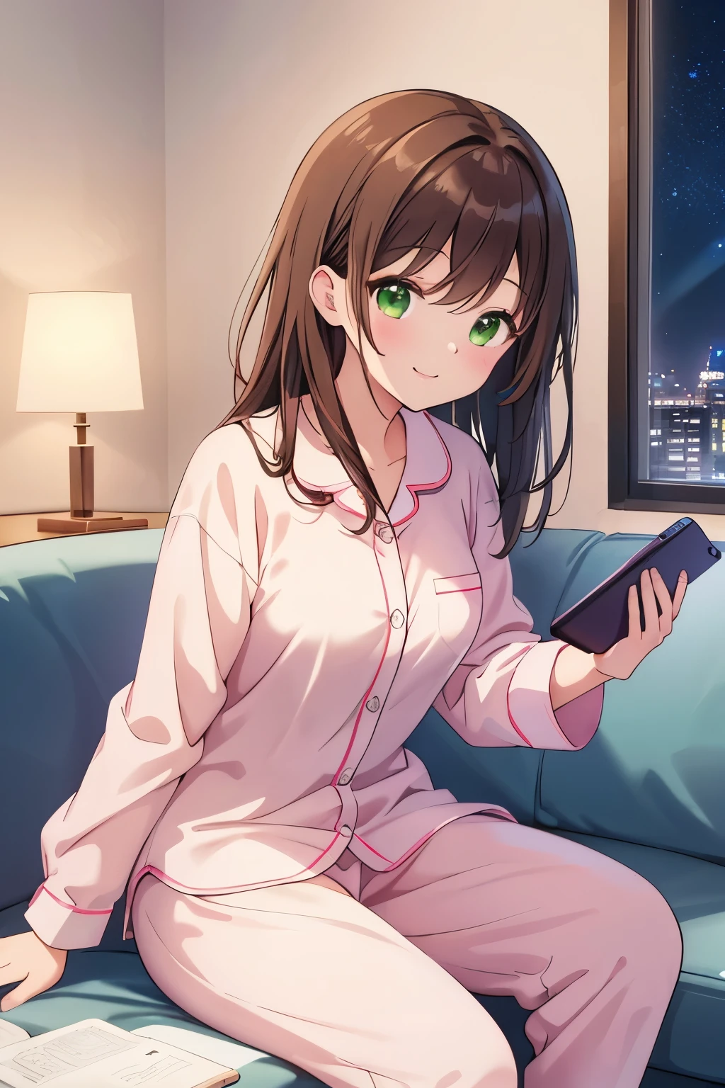 ((masterpiece, Highest quality, High resolution, 超High resolution, Pixel perfect, Written boundary depth, 4K, RTTX 10.0, High resolution))), 1 person, single, alone, Beautiful Anime, Beautiful art style, Anime characters, ((Shortcuts, bangs, Dark brown hair)), ((Green Eyes:1.4, Round eyes, Beautiful eyelashes, current eyes)), ((Smooth texture:0.75, Anime CG style)), ((Dynamic Angle, close)), Perfect body, (cute), Normal chest, whole body, ((4K, 8k, Highest quality, Perfect Fingers: 1.3, Perfect Anatomy: 1.3, Background Blur)), whole bodyアングル, An illustration of a girl staying up late at home on a summer night, The character is wearing light pajamas., sitting on a sofa in a relaxed position, His favorite manga and smartphone are scattered around him., She is smiling while concentrating on the screen., In the background, Outside the window, the starry summer night sky spreads out, The room is bathed in soft lighting.,
