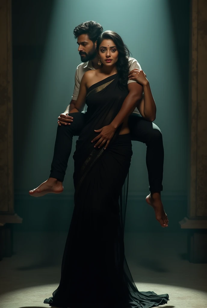 Create a scene where a smiling and beautiful Indian actress in black saree is carrying a large man on her shoulders inside a dark room, man is sitting on her shoulders , dynamic lighting