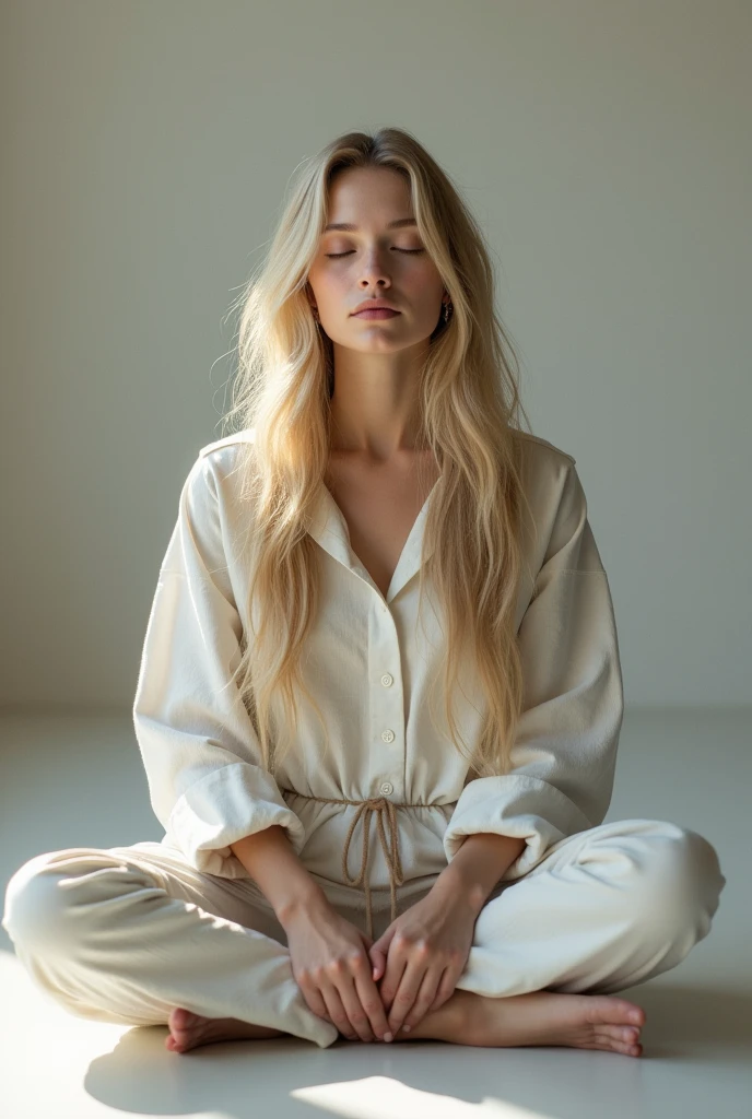 Girl with long blonde hair, She is sitting and meditating with gray-blue eyes .HP (Best quality,4K,8 K,a high resolution,masterpiece:1.2),ultra detailed,(realistic,photorealistic,photo-realistic:1.37),HDR,studio lighting,very detailed face body clothing