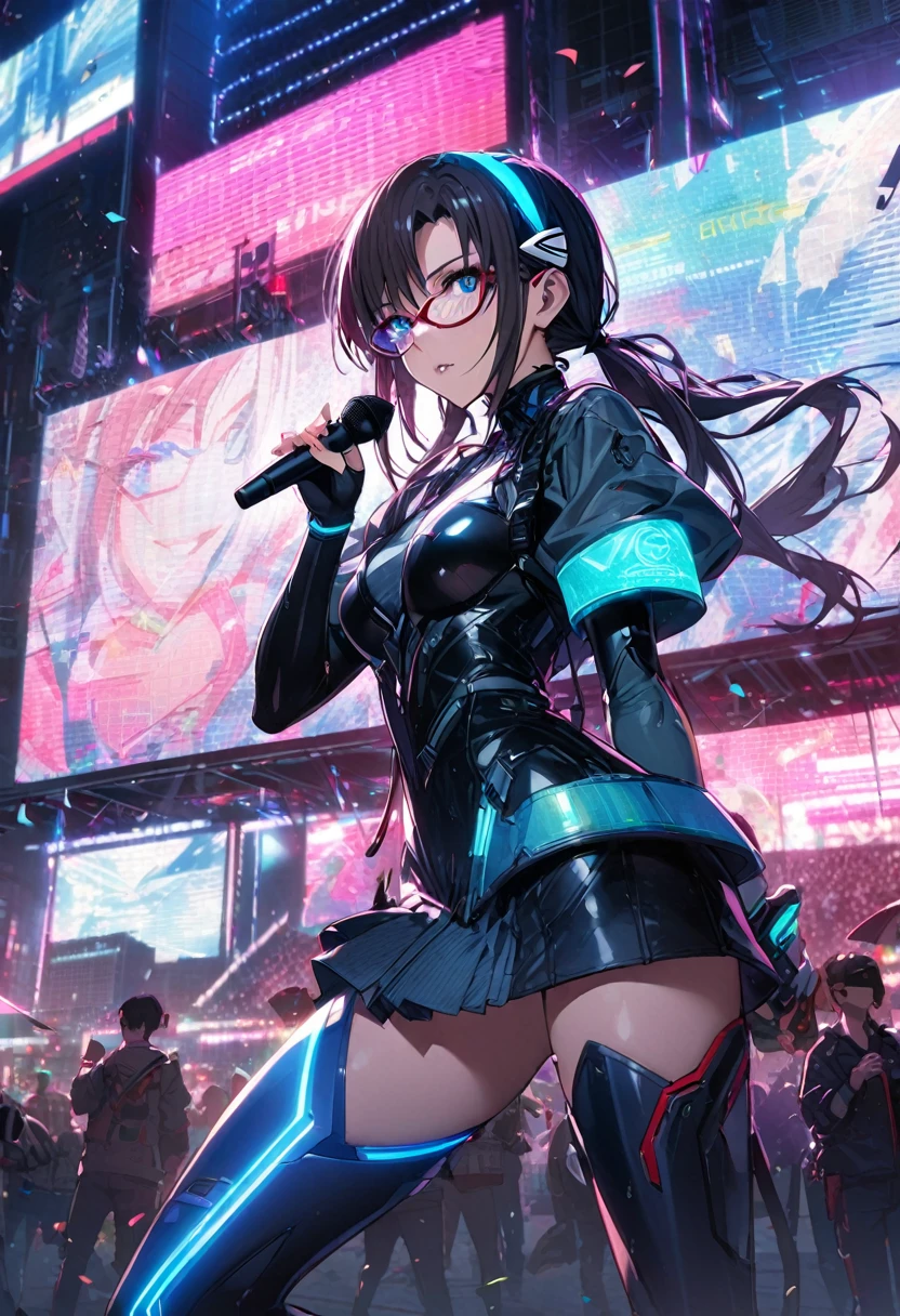1girl, makinami mari illustrious,glasses, neon genesis evangelion, cyberpunk fashion, futuristic outfit, young adult woman, high-tech photoshoot, neon lighting, dystopian urban background, masterpiece, best quality, absurdres,detailed beautiful face,
Outfit details:
Holographic bodysuit with circuit board patterns
Asymmetrical black mini-skirt with LED light trim
Clear PVC jacket with embedded flexible OLED displays
Accessories:
Cyber goggles with glowing LED accents
Metallic arm bands with touch-sensitive controls
Thigh-high boots with built-in holographic displays
Fingerless gloves with exposed circuitry
Multiple ear cuffs with blinking LED lights
Hairstyle:
Side tail maintained, but add some electric blue streaks
Undercut on one side with circuit pattern shaved in
Makeup:
Metallic eyeshadow in silver and electric blue
Holographic lip gloss
Small LED lights applied as face accessories
Background: Massive virtual concert stage, swirling holographic patterns, dynamic light show, enormous LED screens, virtual audience represented by floating avatars
Pose: Mid-dance move, arms raised energetically, singing into a floating microphone, exhilarated expression
Additional elements: Holographic backup dancers, raining digital confetti, sound wave visualizations in the air, fan messages scrolling across virtual banners