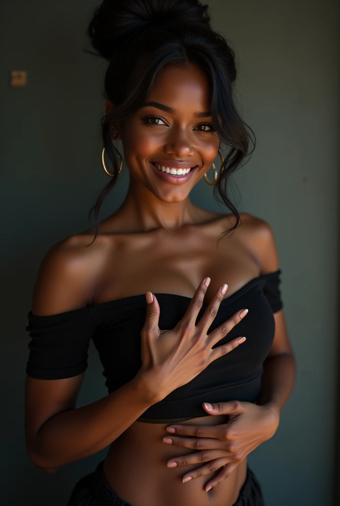 (best qualityer,4K,high resolution,work of art:1.2),ultra detali,realisitic,photorealisitic:1.37,(undressing:1.5),(darkskin:1.58),(23 year old instructor:1.5),(Look this),(mischievous grin:1.35)、(Sexy makeup:1.25),(mascara),random accessories、(One-sided asymmetrical updo:1.13)、Touching the chest、(Sexy V-neck off-the-shoulder crop top:1.35)