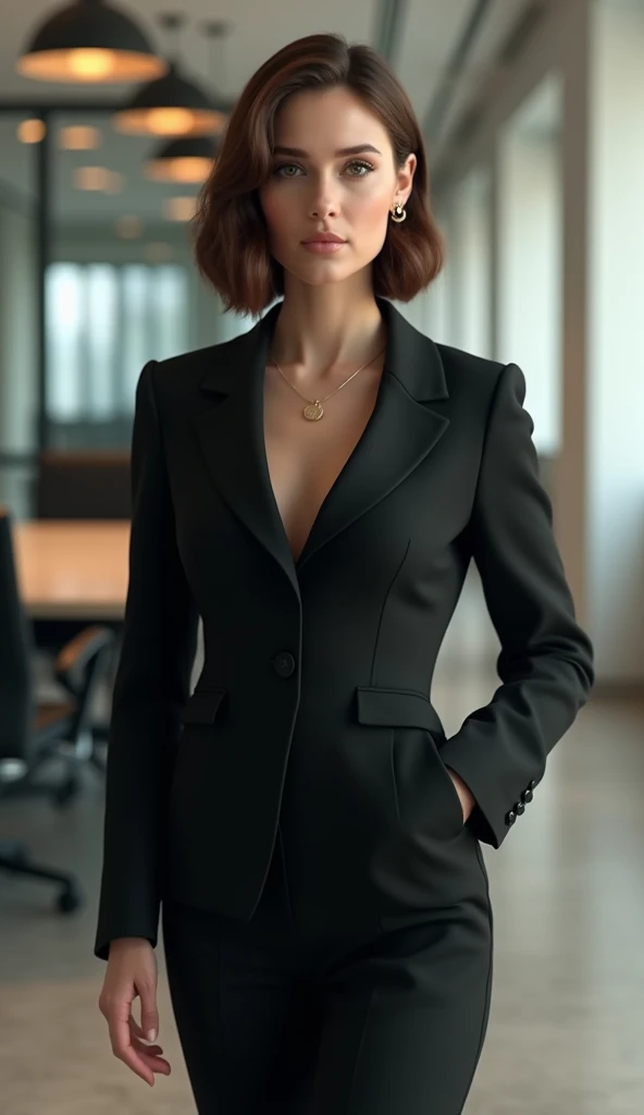 Represents a new office worker with brown hair and a bob cut. It produces a very high quality and realistic CG image. The subject is a woman in her 20s, wearing a black suit. Try to give the impression that she is serious about her work in the office.