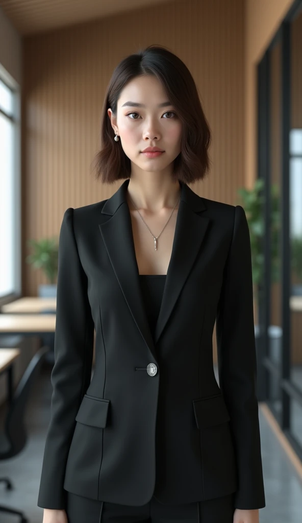 Represents a new office worker with brown hair and a bob cut. It produces a very high quality and realistic CG image. The subject is a woman in her 20s, wearing a black suit. Try to give the impression that she is serious about her work in the office.