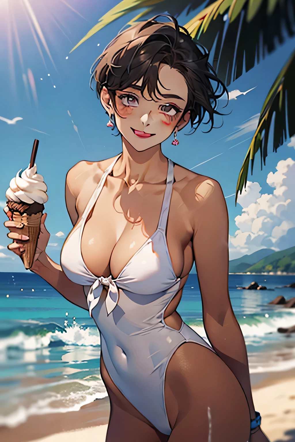 Ocean,Young Woman,Are standing,Small Head,Eating ice cream,Open your mouth,Sticking out tongue,(Provocative smile),short hair,Black Hair,Lilac eyes,Large Breasts,Cleavage,(White swimsuit),(Chocolate brown skin).