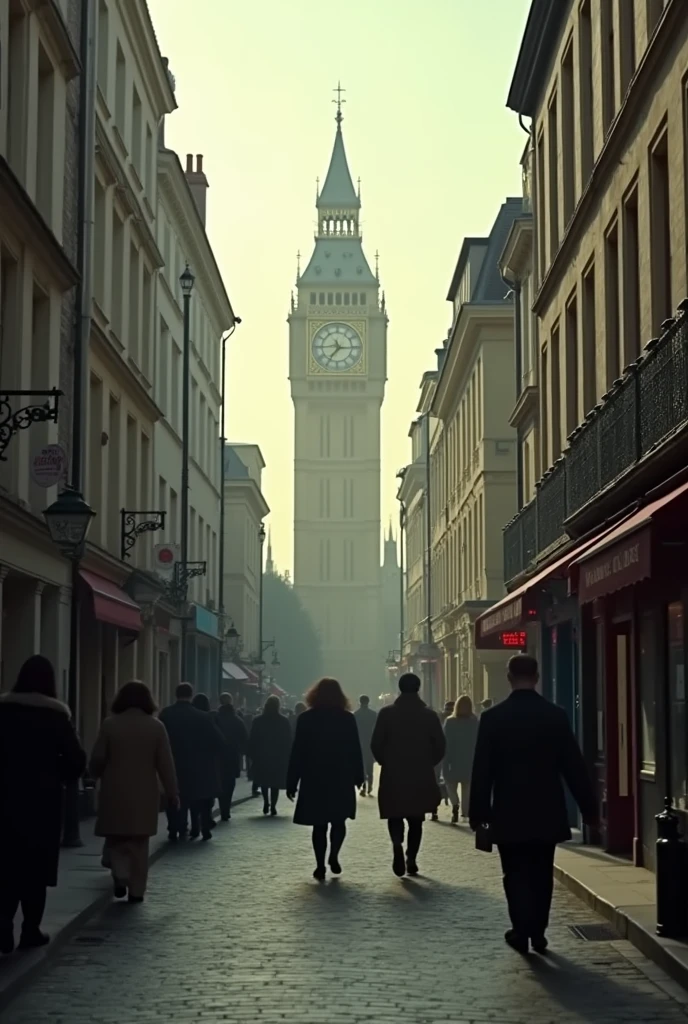 the overall picture is a movie transition,It describes,December 1987,A clear afternoon,In a small alley in London,The flow of people,You can see Big Ben from afar.