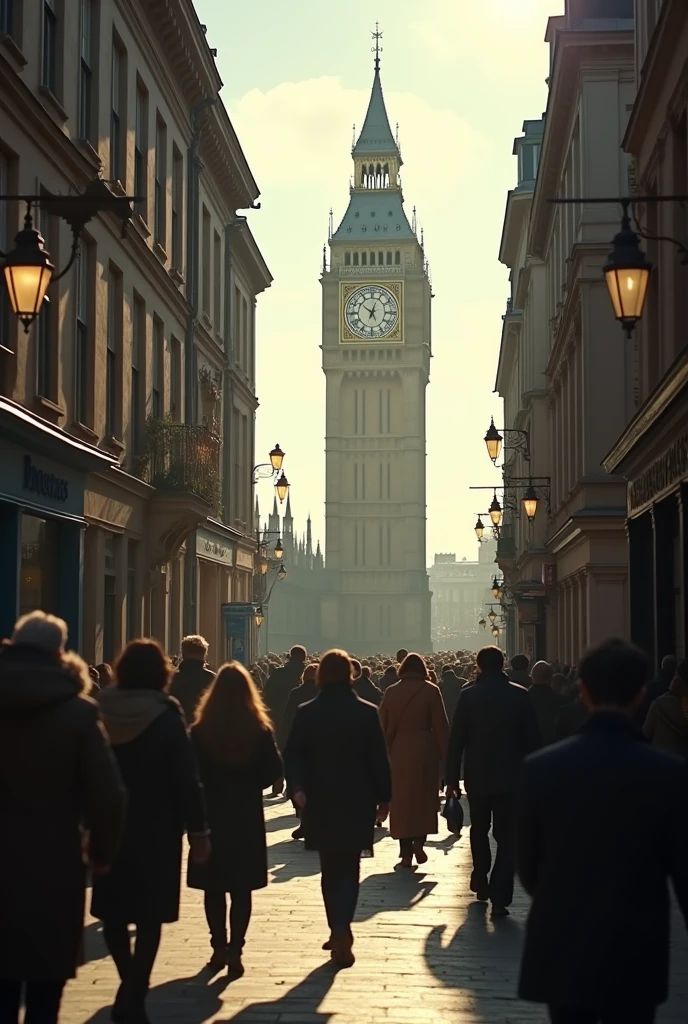 the overall picture is a movie transition,It describes,December 1987,A clear afternoon,In a small alley in London,The flow of people,You can see Big Ben from afar.