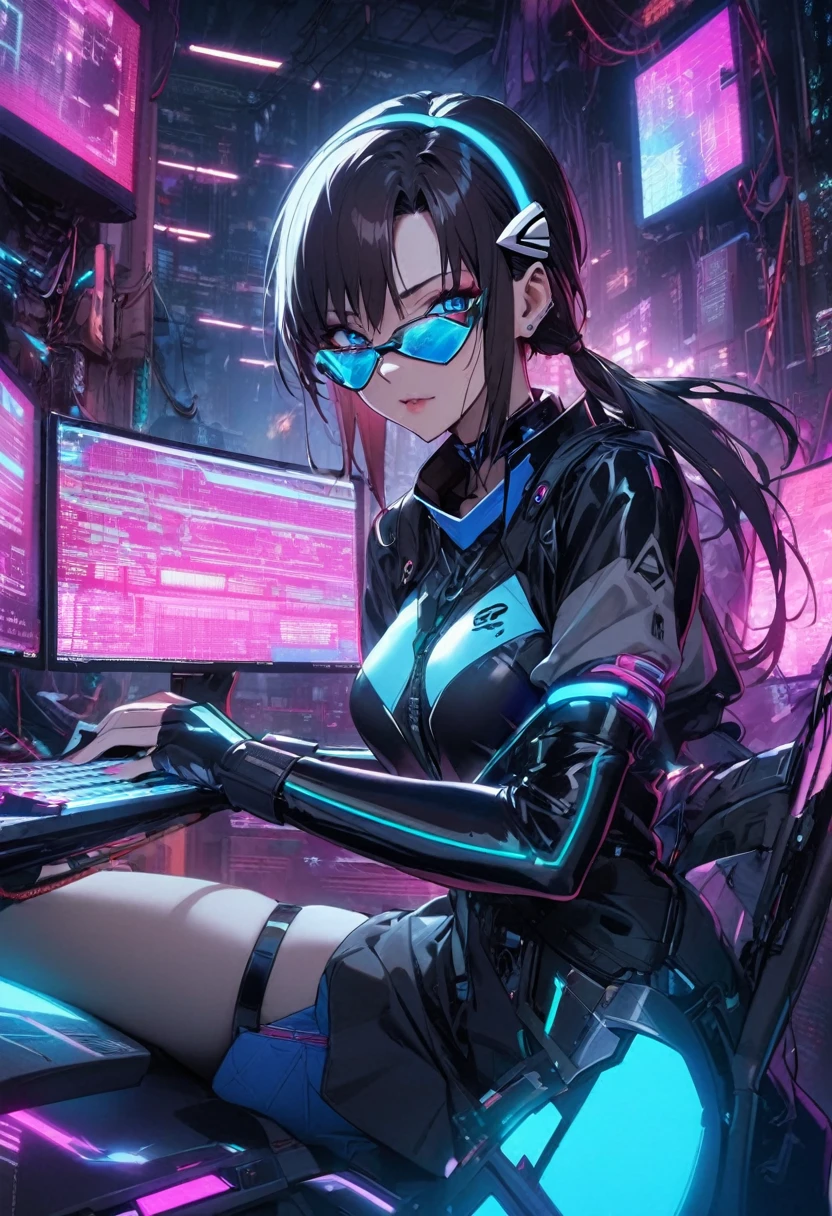 1girl, makinami mari illustrious,glasses, neon genesis evangelion, cyberpunk fashion, futuristic outfit, young adult woman, high-tech photoshoot, neon lighting, dystopian urban background, masterpiece, best quality, absurdres,detailed beautiful face,
Outfit details:
Holographic bodysuit with circuit board patterns
Asymmetrical black mini-skirt with LED light trim
Clear PVC jacket with embedded flexible OLED displays
Accessories:
Cyber goggles with glowing LED accents
Metallic arm bands with touch-sensitive controls
Thigh-high boots with built-in holographic displays
Fingerless gloves with exposed circuitry
Multiple ear cuffs with blinking LED lights
Hairstyle:
Side tail maintained, but add some electric blue streaks
Undercut on one side with circuit pattern shaved in
Makeup:
Metallic eyeshadow in silver and electric blue
Holographic lip gloss
Small LED lights applied as face accessories
Background: Underground hacker den, multiple holographic screens, tangled wires and circuit boards, dim lighting with occasional neon flashes, scattered computer parts and gadgets
Pose: Seated in a high-tech chair, fingers rapidly typing on a holographic keyboard, intense focus visible through cyber goggles
Additional elements: Floating data streams, matrix-style code in the air, small drones hovering nearby