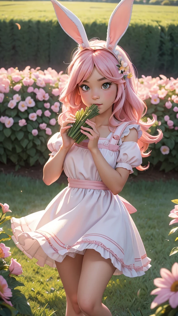 "best quality, masterpiece, cinematic lighting, intricate, cinematic detailed realistic background, detailed face, full body, slim figure, realistic, ligne claire, 1girl, bunny ears, pink maid dress, eating carrot, green field, springtime, soft sunlight, playful expression, flowing dress, white apron, long pink hair, nature setting, blooming flowers, gentle breeze, whimsical atmosphere, delicate features, soft shadows, cute and charming, serene landscape"