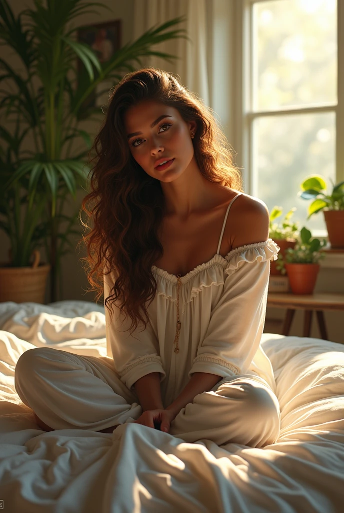 (photorealism:1.2), beautiful woman, sitting on bed, wearing loose off-shoulder top, pajama pants, long curly hair, indoors, soft lighting, plants in background, window with sunlight, cozy room, relaxed pose, realistic, intricate details, warm colors, by Greg Rutkowski, by Alphonse Mucha