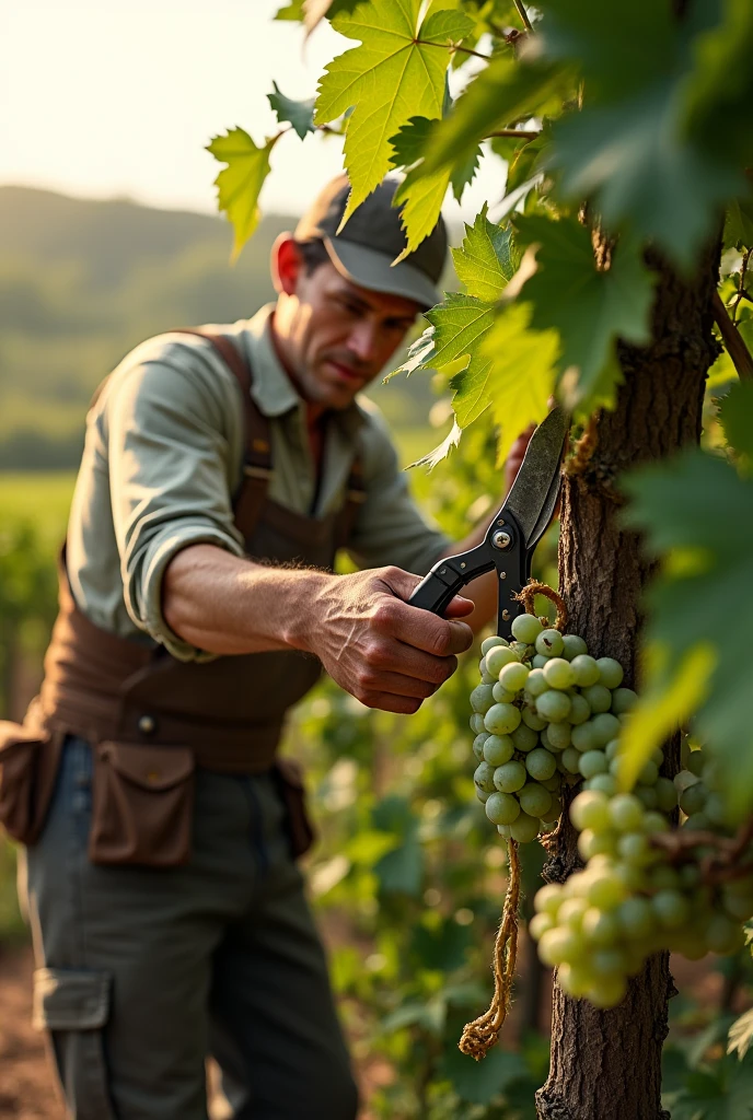 GRAPEVINE WITH BRANCHES BEING PRUNED BY THE FARMER'S HANDS