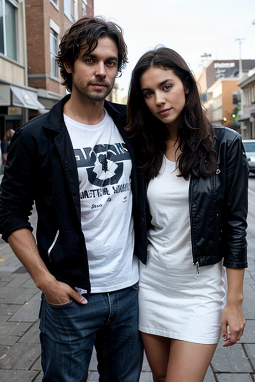 38 year-old Male, white male, tanned skin, handsome, black hair, and stubble beard, deep blue eyes, muscular body and thin, wearing a jacket and t-shirt and jeans, straight nose, oval face, canadian, his hair is below his ears, tousled messy hair badass, holding hands with his girlfriend, the woman is shorter, she has curly hair and wears a dress