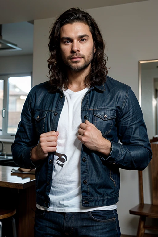 38 year-old Male, white male, tanned skin, handsome, black hair, and stubble beard, deep blue eyes, muscular body and thin, wearing a jacket and t-shirt and jeans, straight nose, oval face, canadian, his hair is below his ears, tousled messy hair badass, holding hands with his girlfriend, the woman is shorter, she has curly hair and wears a dress