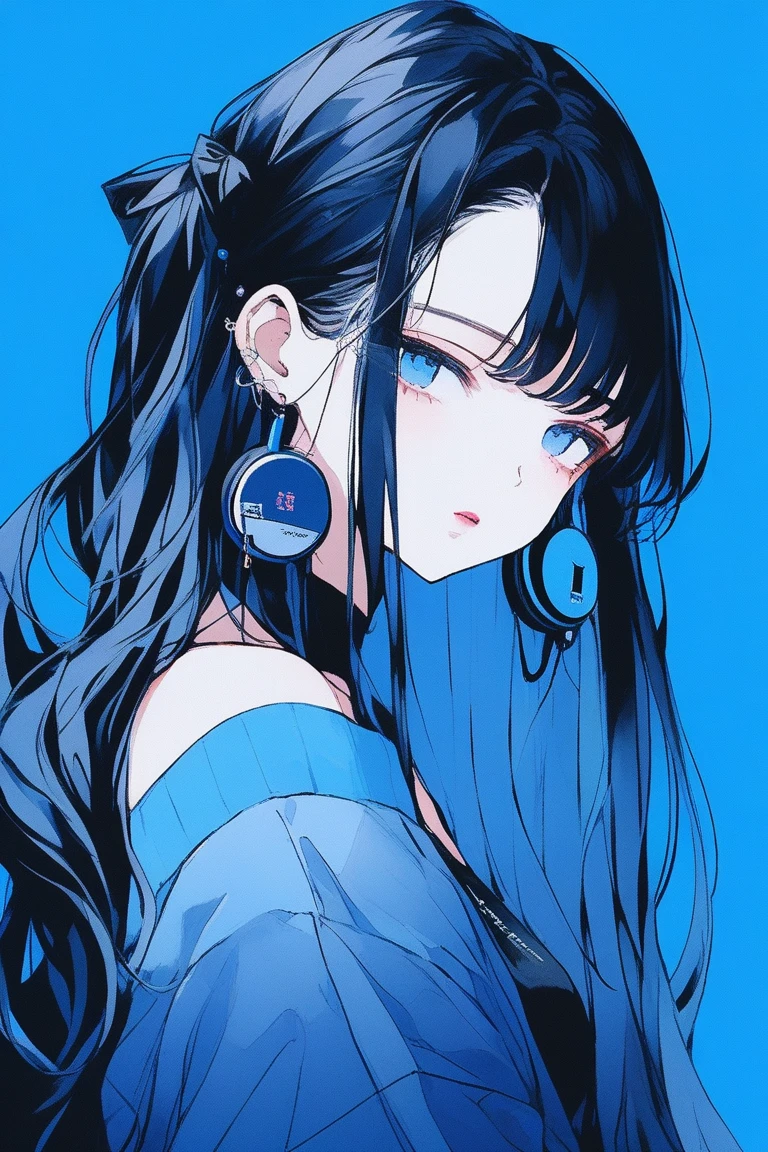 ((masterpiece,Highest quality)), 8k, anime , Realistic ,sketch, anime風のポートレート, 黒猫を連れたanimeの女性, 20-year-old, Blue gradient background, Off-the-shoulder knit, Neon long twin tail hair, lip, Big earrings, Wear headphones, Texture Trim, Canadian, Upper Body, (masterpiece,Highest quality)early morning