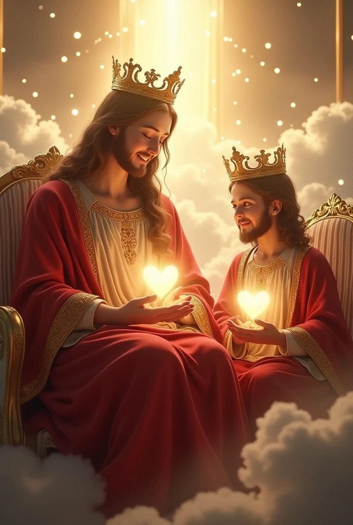 (photorealism:1.2), beautiful virgin Mary, handsome Jesus Christ and handsome  teen Jesus,ting in the throne each of them in the kingdom of god that full of clouds, the light of their crowns and hearts spreading all over, wearing the red color of a king, queen and prince, the crown of lights, real beautiful faces, real nice hair, real face, heaven outdoors that full of clouds, brighter lighting, five fingers, clouds and many doves in the background, elegant clothes, stars and sunlight, beautiful heaven of paradise, relaxed pose, realistic, intricate details, bright and warm colors, 
