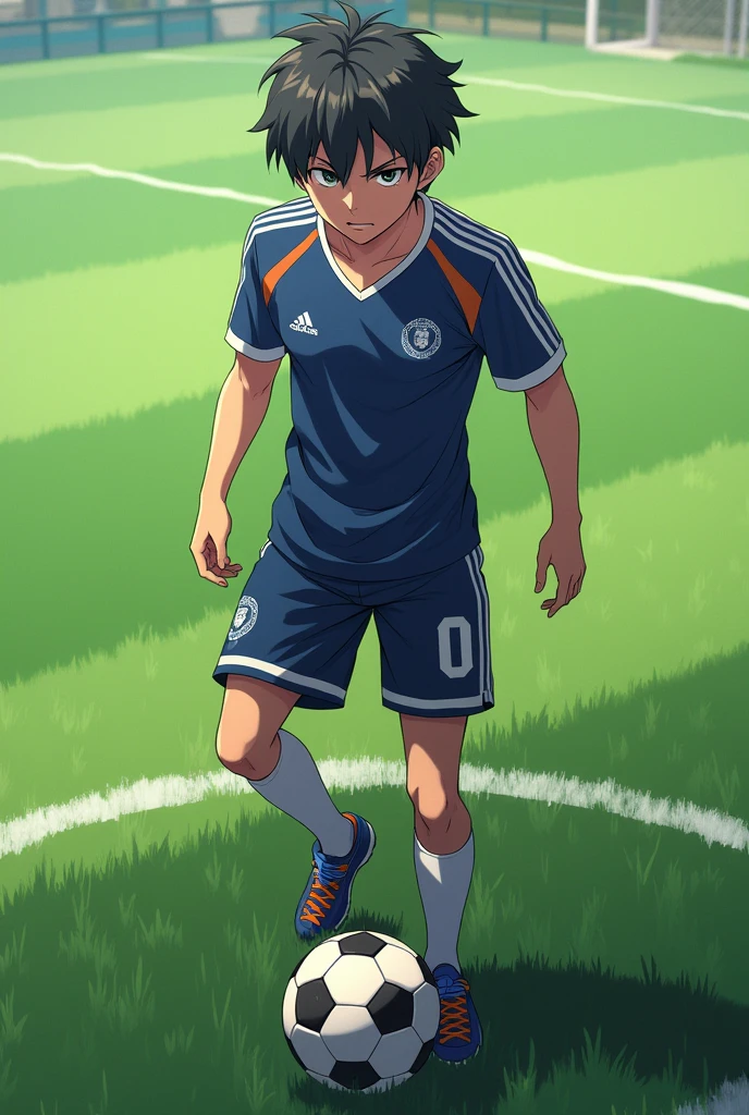 (photorealism:1.2), Isagi Yoichi from Blue Lock anime, he is in the soccer field with soccer ball on his right foot