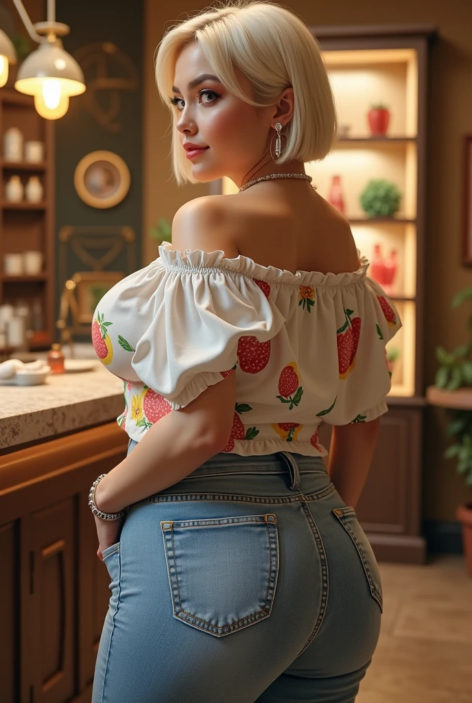Realistic style and real women, she is Blonde with short hair, she has an hourglass figure, she has a surreal, hentai-like physique, with exaggerated curves that showcase large buttocks and voluminous breasts and she is very slim photorealiste,
In the photo, she's wearing a lightweight white cotton blouse with colorful fruit motifs, evoking the freshness of the yogurts she's presenting. The blouse, slightly cinched at the waist, highlights her figure while remaining elegantly casual. Paired with this, she chose slim-cut jeans, which emphasize her legs while offering a modern, stylish look.
To complete her outfit, she wore colorful pumps, which added a touch of sophistication and dynamism to the ensemble. Her hair is loose in soft waves, adding a touch of femininity to her look. Subtle accessories, such as small silver earrings and a delicate bracelet, complete her look without weighing it down.
Her make-up is fresh and natural, highlighting her radiant smile, which reflects the enthusiasm of the event. The whole outfit evokes a convivial yet chic atmosphere, ideal for a yogurt tasting.