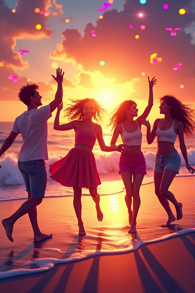 Imagine a vibrant scene inspired by a lively, upbeat song. Picture a group of friends dancing joyfully under a glowing sunset at the beach, their silhouettes moving rhythmically to the music. The sky is painted in warm shades of orange, pink, and purple, with waves gently crashing in the background. The scene is filled with dynamic energy, with musical notes and colorful bursts of light surrounding the dancers, capturing the spirit of celebration and freedom."