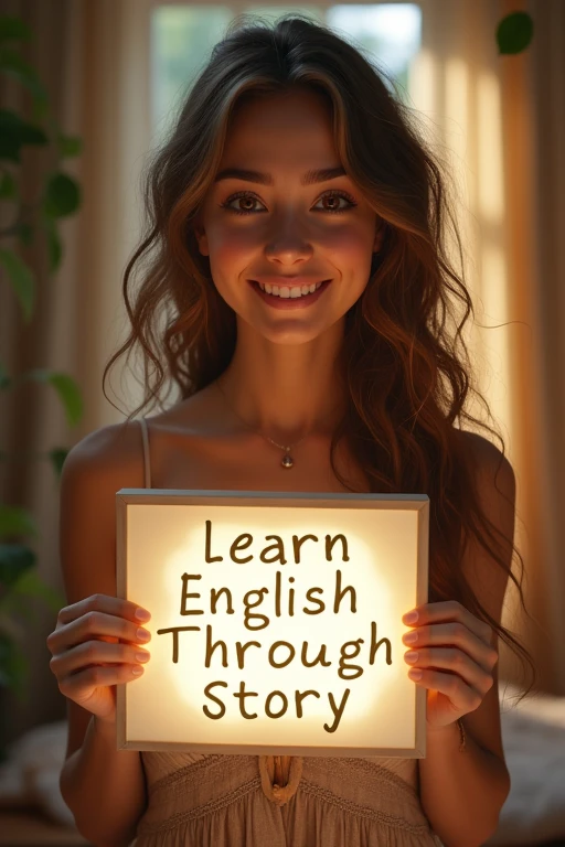 Beautiful girl with heart-warming smile and wavy long hair, bohemian dress, holding a white board with text "learn English Through Story" and showing it to the viewer, the board is glowing with a the text.