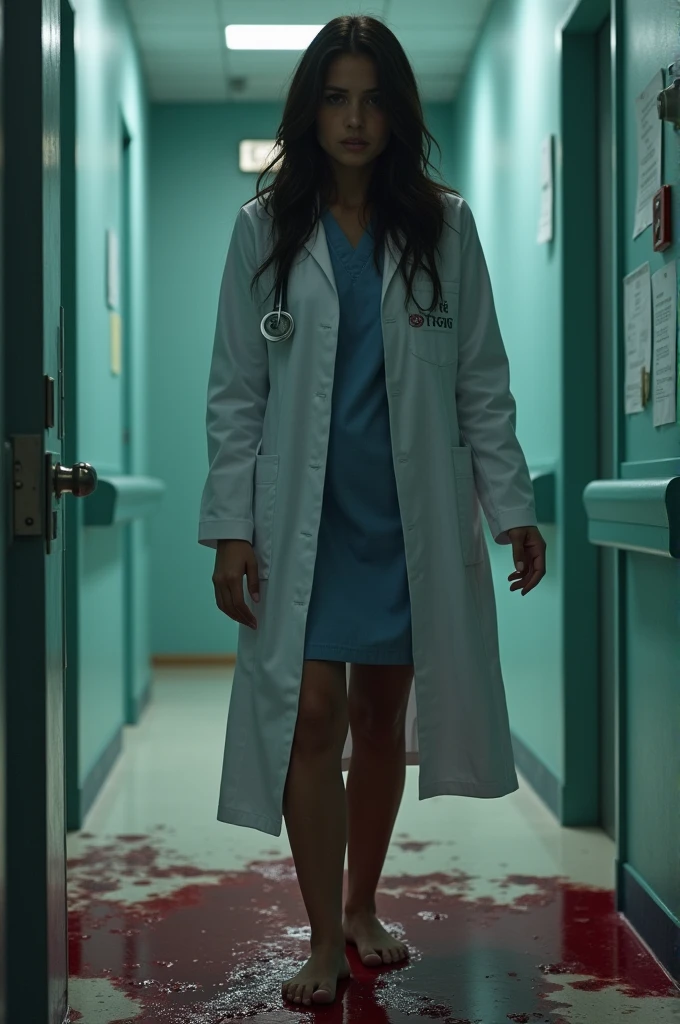 A female doctor is raped,
Blood stains on her dress and floor
She seems to be scared and crying