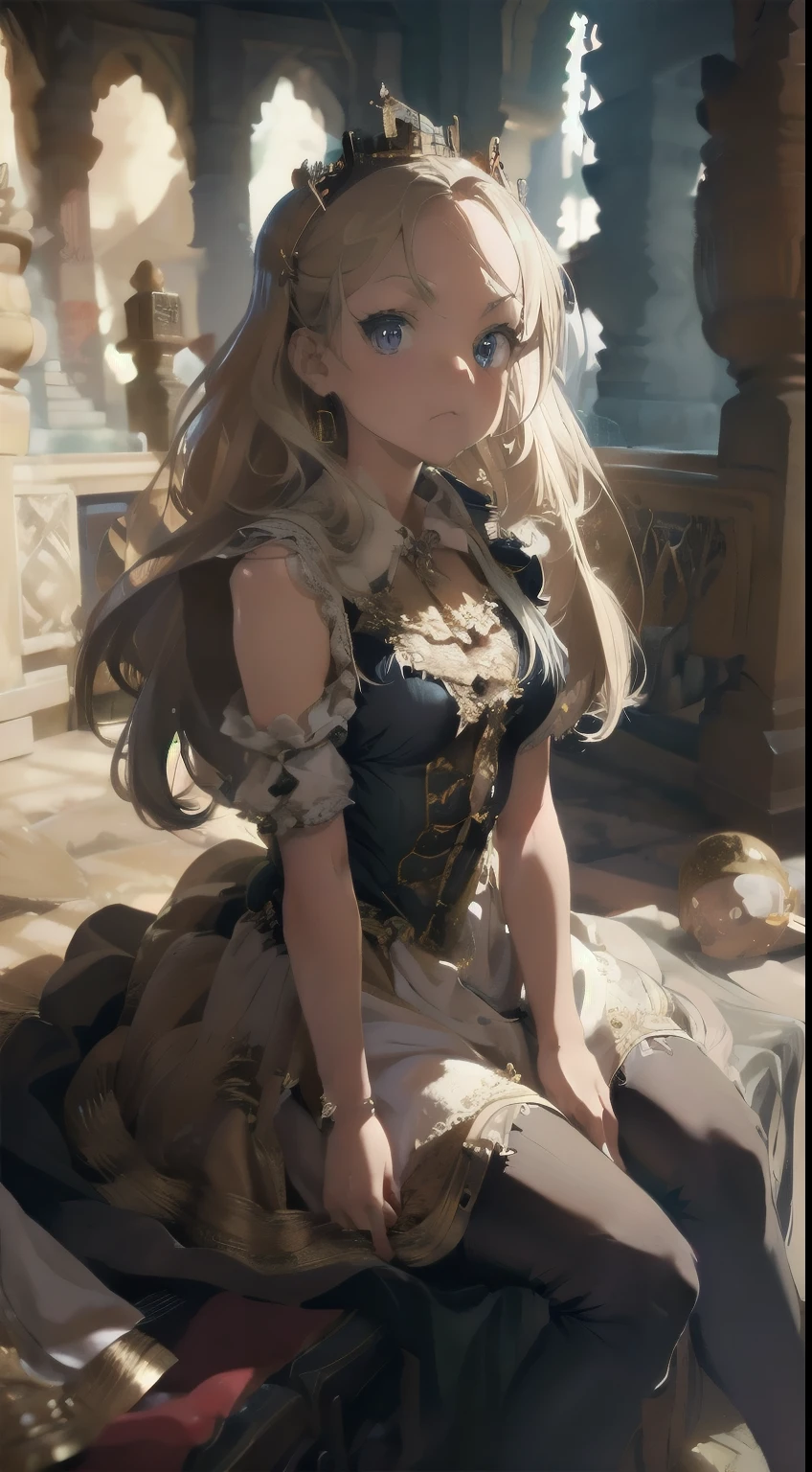 (Best image quality, masterpiece:1.2), (Ultra high definition illustration), (Very cute princess:1.3 15 years), (1 person:1.2), alone ,(Condescending look:1.3), No sleeve, Show your armpits, (Gorgeous queen dress:1.3), whole body, Round baby face, (Wear glasses, Blonde short cut), (White thigh-high pantyhose:1.2), (Wicked Smile), (Mean face), (Mesgaquismiles), Luxurious palace room, Luxurious Room, RPG Royale, Beautiful feet,