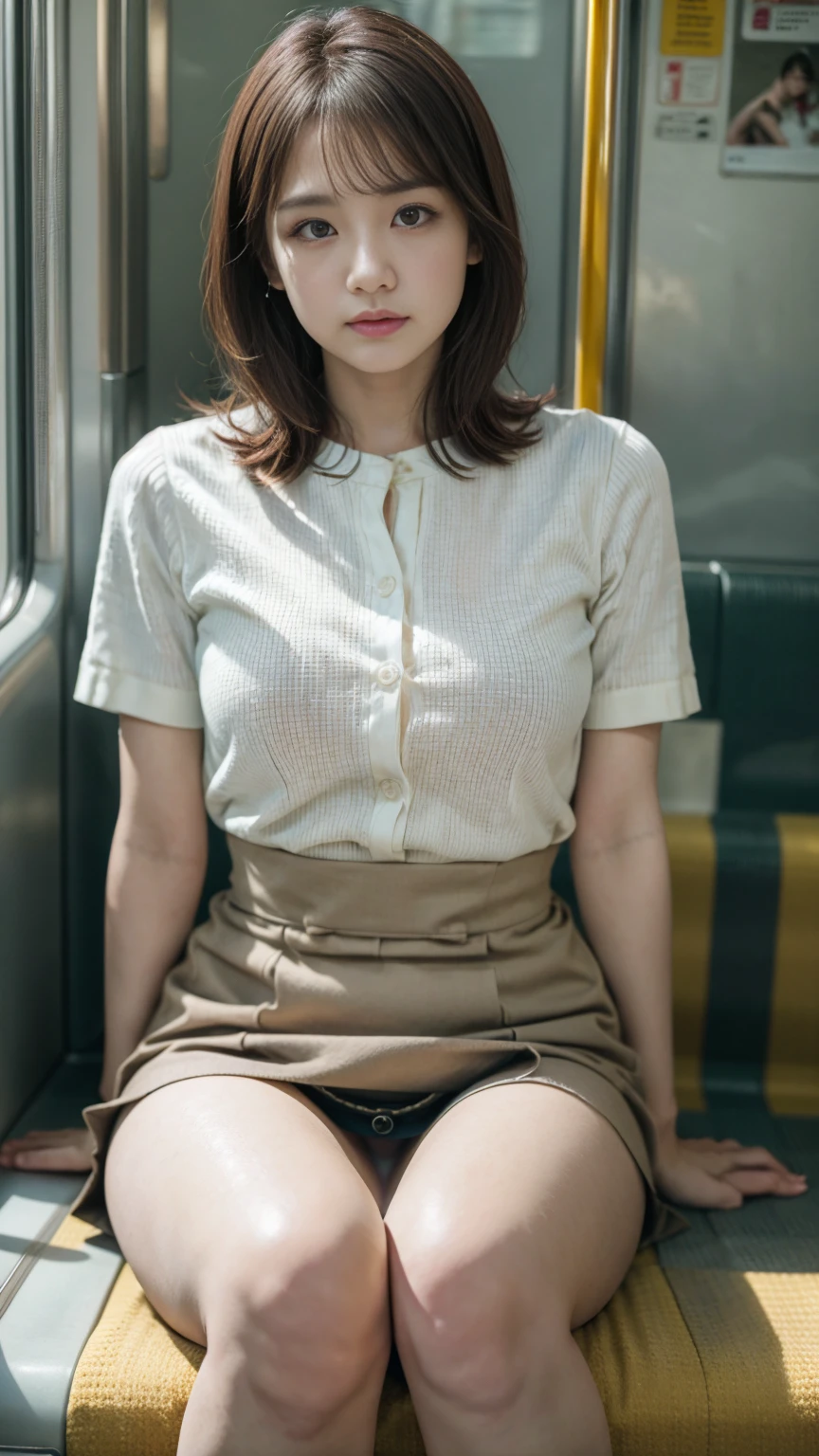 (masterpiece, Highest quality, 8K, RAW Photos, beautifully、aesthetic:1.2), Intricate details, indirect lighting, Realistic, whole body, Sitting on a chair on the train、Staring at the viewers、Voyeur、 Square neck button-down linen sundress, (Ultra-realistic pantyhose)、 Training women , Chair to sit under skirt,uhd,8k,bokeh,sharp focus,super detail face,jspanese girl,beautiful legs,slender,(medium breasts),super detail eyes
