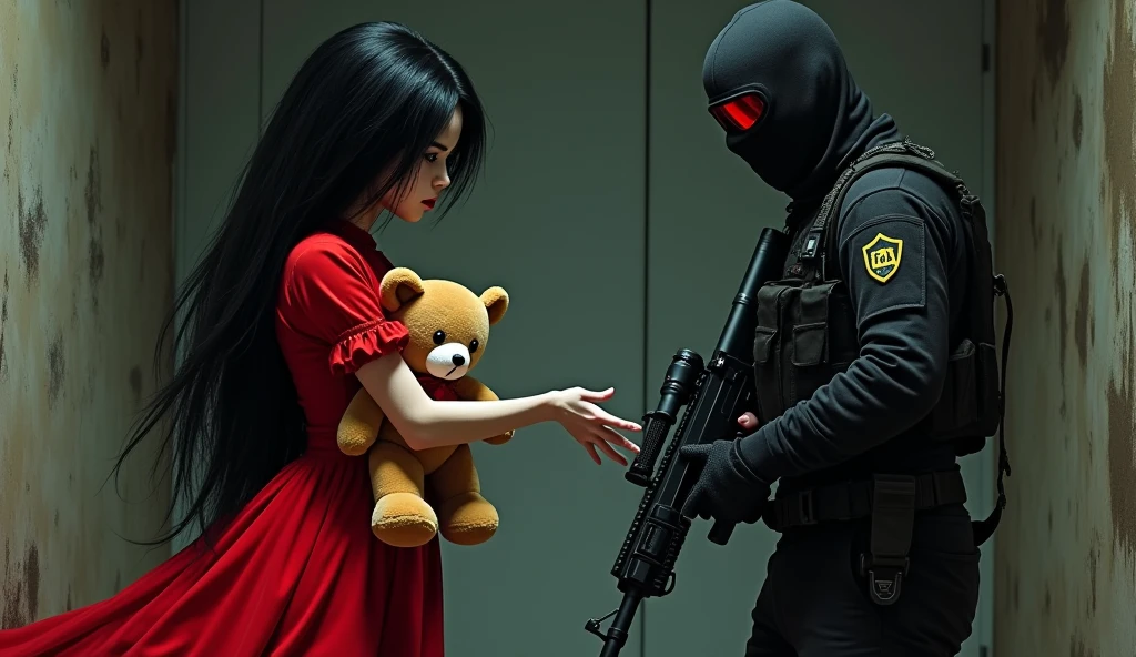 short  in red dress with tall black hair holding plushie bear telling F.E.A.R operative that he is her son. He is wearing black tactical balaclava and red glasses and holds assault rifle. Make it in creepy style. 