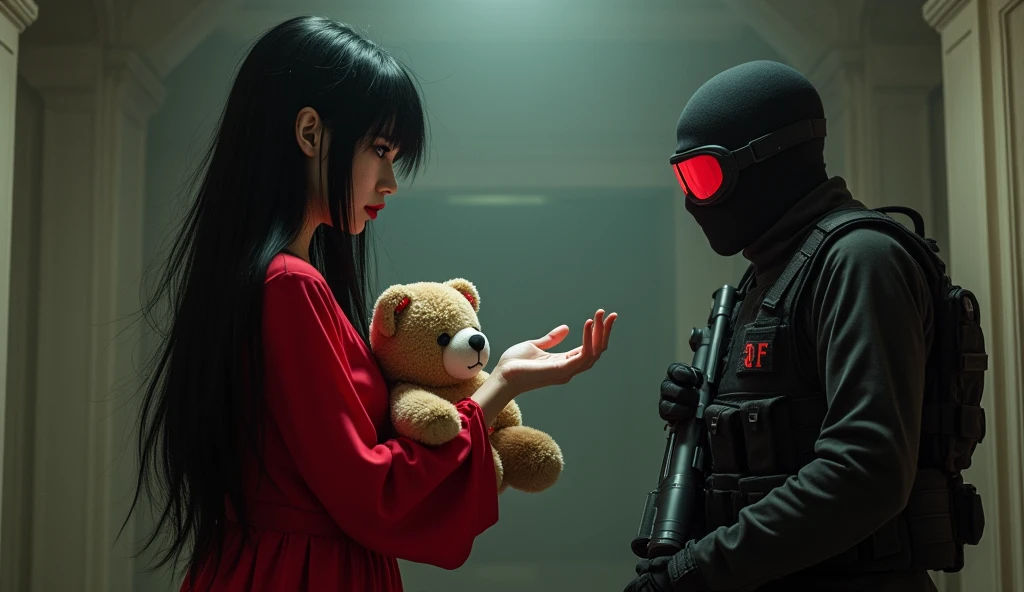 short  in red dress with tall black hair holding plushie bear telling F.E.A.R operative that he is her son. He is wearing black tactical balaclava and red glasses and holds assault rifle. Make it in creepy style. 