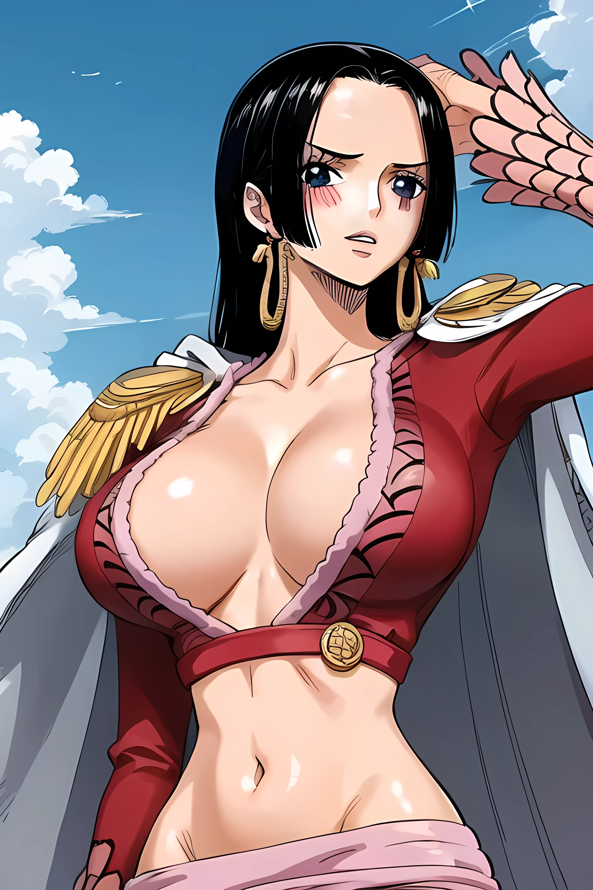 1girl, solo, female, big breasts, shining breasts, cleavage, blush, boa hancock, cape, epaulettes, jewelry, earrings, midriff, cleavage, sky, basic background