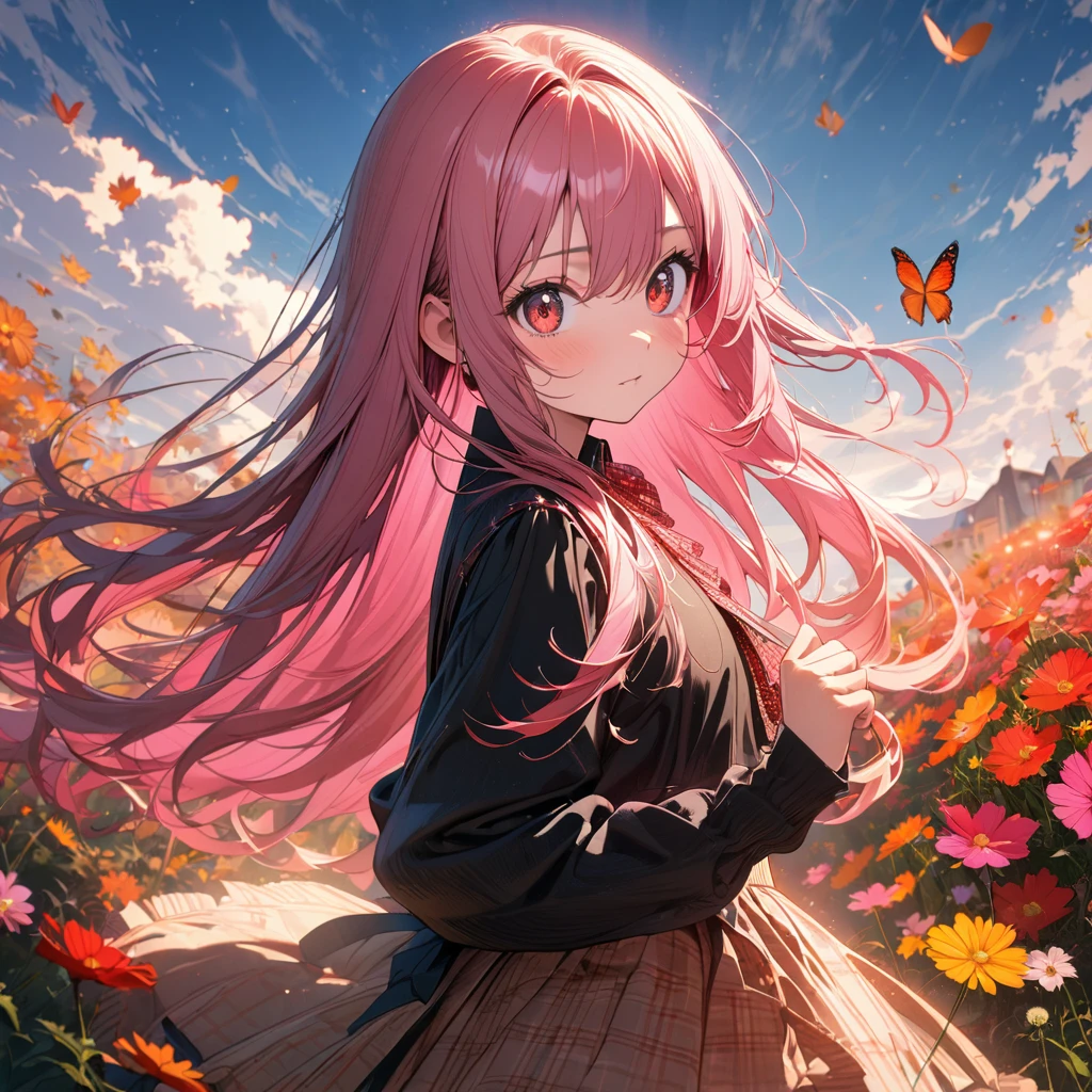 1 idol,solo,16yo,amazing quality, aesthetic, aesthetic,ultra-detailed face,detailed eyes,red eyes,Hotpink hair,LightPink inner hair,long hair,Autumn fashion,Standing,rim light,cosmos garden,butterfly,blue sky,highly detailed illustration,masterpiece,8K,top quality