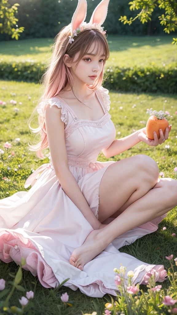 "best quality, masterpiece, cinematic lighting, intricate, cinematic detailed realistic background, detailed face, full body, slim figure, realistic, ligne claire, 1girl, bunny ears, pink maid dress, eating carrot, green field, springtime, soft sunlight, playful expression, flowing dress, white apron, long pink hair, nature setting, blooming flowers, gentle breeze, whimsical atmosphere, delicate features, soft shadows, cute and charming, serene landscape"