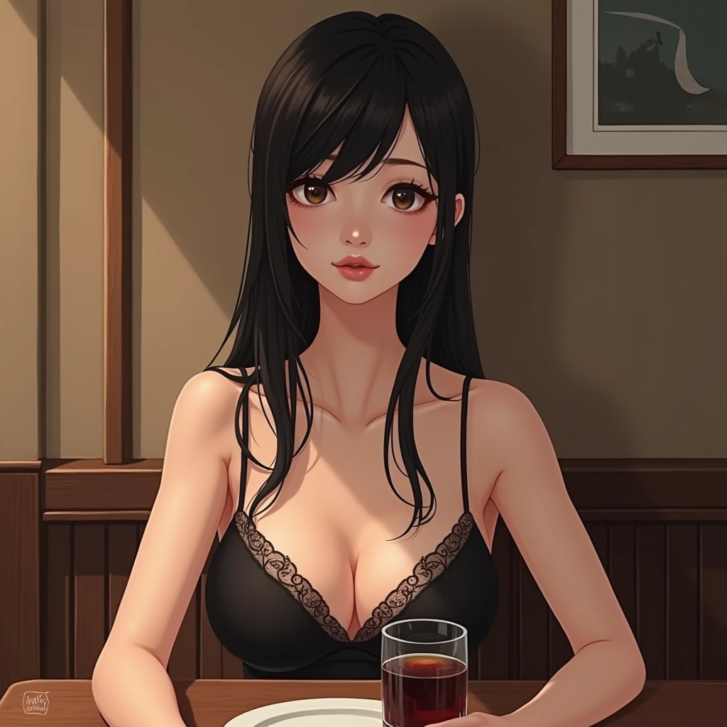 Korean Beauty、Fair skin、Long Black Hair、Big Breasts、Drinking alcohol in the dining room、Realistic Skin、