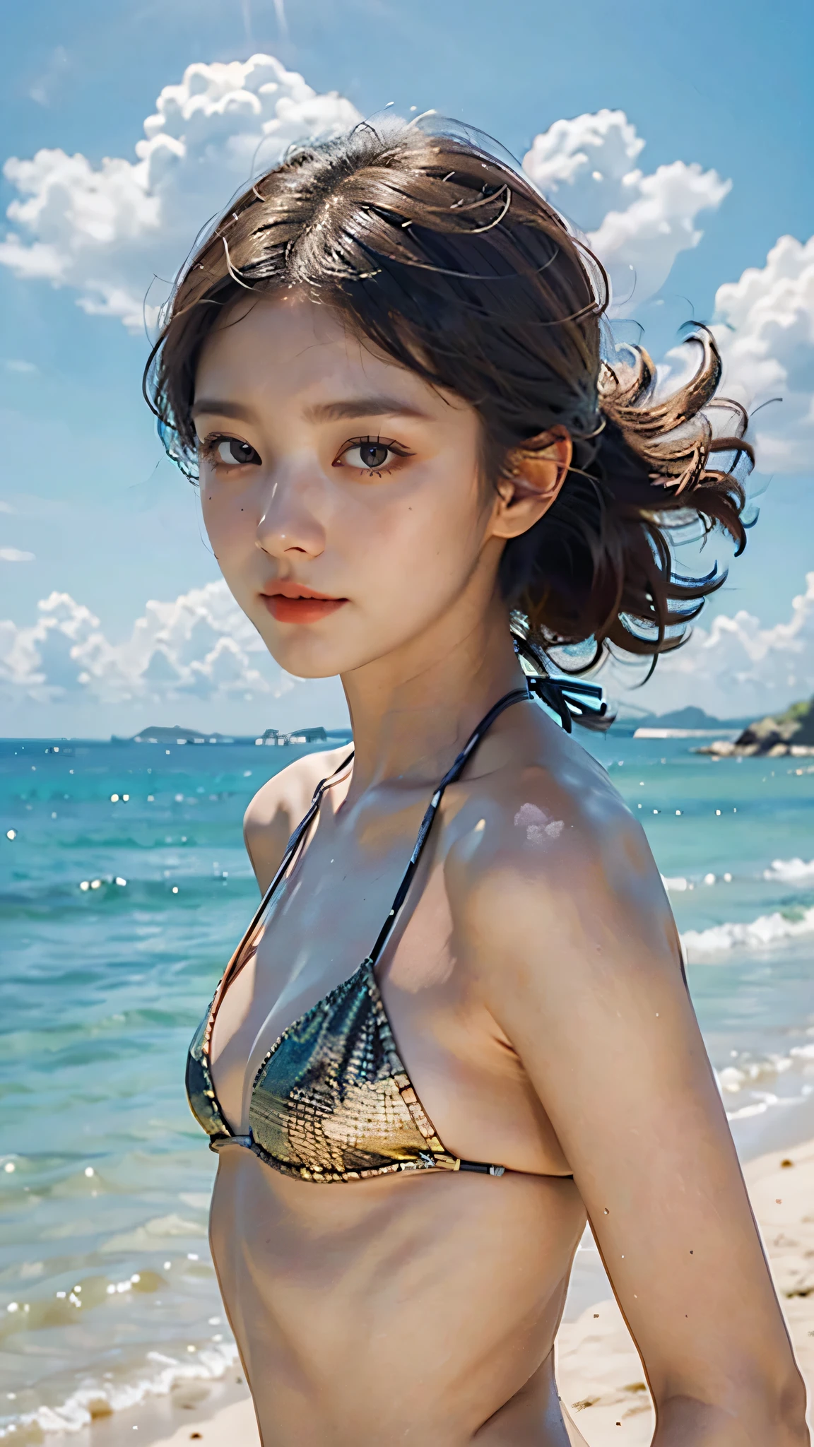 a woman in a colorful bikini standing on a sandy beach, beautiful detailed eyes, beautiful detailed lips, extremely detailed eyes and face, longeyelashes, golden skin, athletic body, wind in her hair, ocean waves crashing in the background, blue sky with fluffy clouds, sun shining, (best quality,4k,8k,highres,masterpiece:1.2),ultra-detailed,(realistic,photorealistic,photo-realistic:1.37),summer, vibrant colors, natural lighting