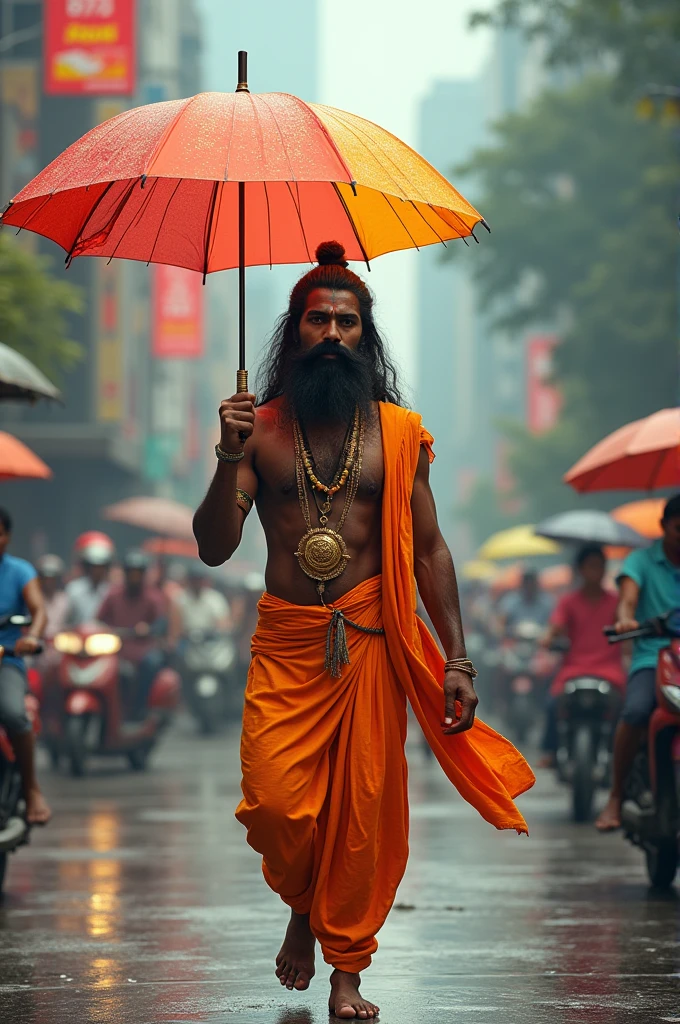 Imagine vishnu Ji, the revered Hindu deity, strolling down a bustling road. He holds a colorful umbrella in his hand, which contrasts with his traditional attire and the lively urban backdrop. The scene blends the divine with the everyday, showcasing vishnu Ji's serene presence amidst the modern world."