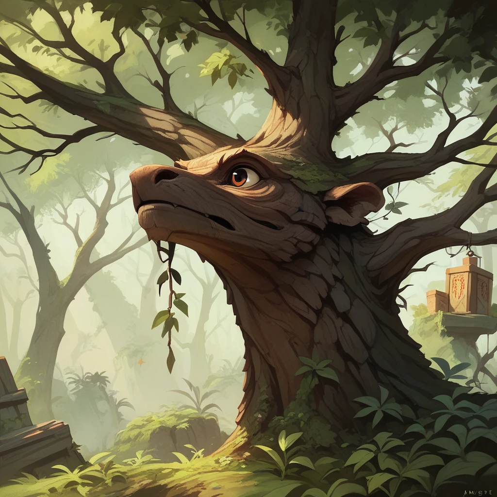 •	Close-up shot of a single, gnarled tree trunk, its roots twisted and ancient, disappearing into the dark earth.
•	Narration Box: This was the Forbidden Forest, a place where the essence of life flowed in its purest form.
