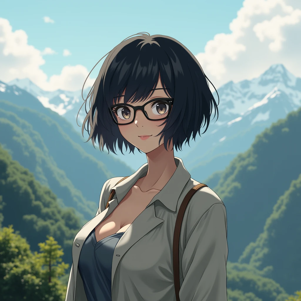 Japanese　woman　Black Hair　Short Hair　Big Breasts　Glasses　Mountain