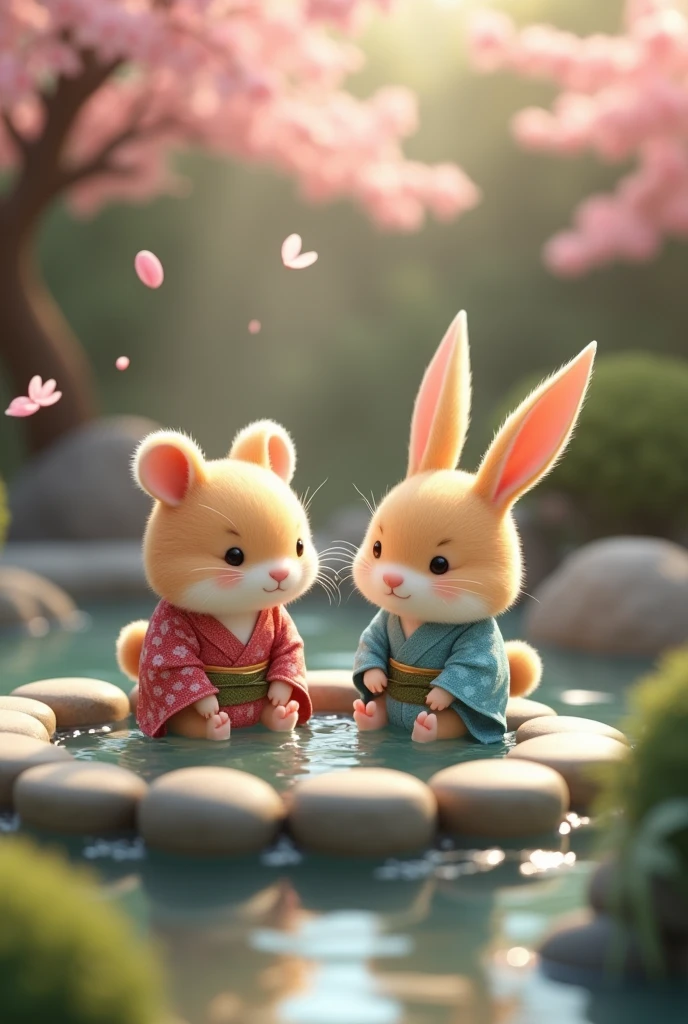 A hamster and a bunny on a trip to onsen