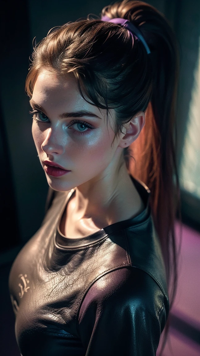 (((ultra realistic))) Photo, masterpiece, top quality, (Pale skin), (Ultra detailed face and eyes.:1.3), 1 girl, adult, on a t-shirt, ((eye makeup, mask)), (big detailed lips), ((rosa hair in a ponytail)), ((Chiolka)) , (natural breasts), Thin waist. ((Posing)), Photoshoot, studio (Soft lighting), (The game of lights and shadows), depth of field, bokeh, (Special attention to leather details.: 1.2), detailed leather texture, skin pores. (Warm frame environment.. Color range: violet, rosa, blue tones), DR, ((film grain)), ((good heavens)), (Glare), ((Photo to the waist, view from above)) , ultra detialed,