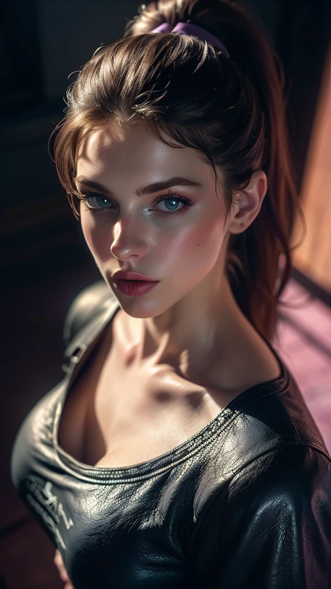 (((ultra realistic))) Photo, masterpiece, top quality, (Pale skin), (Ultra detailed face and eyes.:1.3), 1 girl, adult, on a t-shirt, ((eye makeup, mask)), (big detailed lips), ((rosa hair in a ponytail)), ((Chiolka)) , (natural breasts), Thin waist. ((Posing)), Photoshoot, studio (Soft lighting), (The game of lights and shadows), depth of field, bokeh, (Special attention to leather details.: 1.2), detailed leather texture, skin pores. (Warm frame environment.. Color range: violet, rosa, blue tones), DR, ((film grain)), ((good heavens)), (Glare), ((Photo to the waist, view from above)) , ultra detialed,