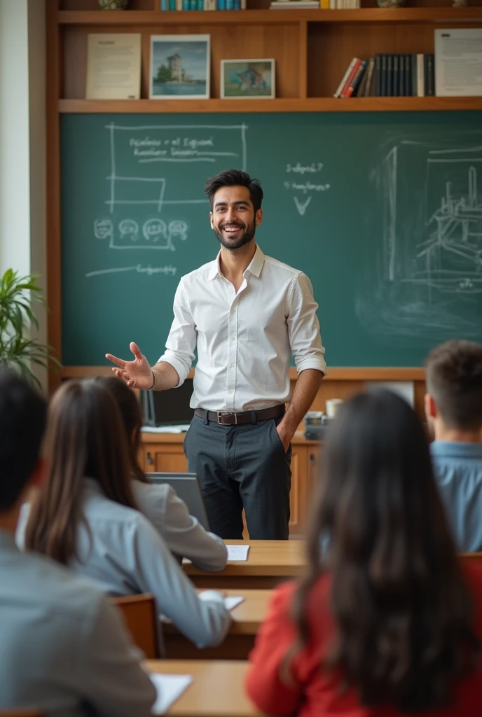 Create a picture of me in the future as a male tutor with black hair, 30 years old, teaching university students.