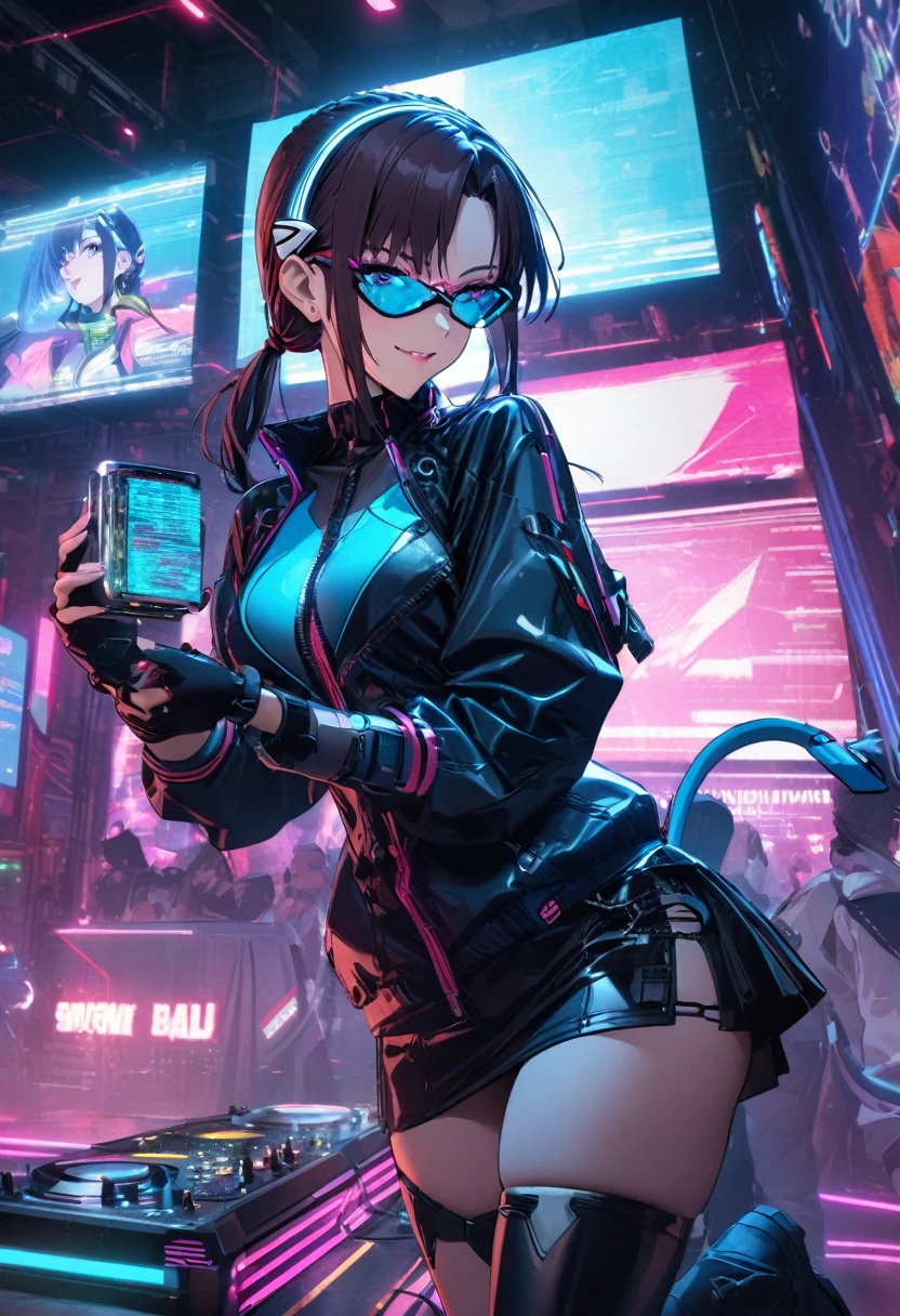 1girl, makinami mari illustrious,glasses, neon genesis evangelion, cyberpunk fashion, futuristic outfit, young adult woman, high-tech photoshoot, neon lighting, dystopian urban background, masterpiece, best quality, absurdres,detailed beautiful face,cowboy shot,
Outfit details:
Holographic bodysuit with circuit board patterns
Asymmetrical black mini-skirt with LED light trim
Clear PVC jacket with embedded flexible OLED displays
Accessories:
Cyber goggles with glowing LED accents
Metallic arm bands with touch-sensitive controls
Thigh-high boots with built-in holographic displays
Fingerless gloves with exposed circuitry
Multiple ear cuffs with blinking LED lights
Hairstyle:
Side tail maintained, but add some electric blue streaks
Undercut on one side with circuit pattern shaved in
Makeup:
Metallic eyeshadow in silver and electric blue
Holographic lip gloss
Small LED lights applied as face accessories
Background: Underground cyberpunk nightclub, pulsating holographic dance floor, laser light shows, digital graffiti on walls, mix of physical and virtual party-goers
Pose: Leaning against a sleek digital bar, one leg crossed over the other, holding a glowing neon cocktail, confident and mysterious smile
Additional elements: Augmented reality games being played by patrons, DJ with multiple robotic arms mixing music, floating screens showing music videos and live feeds, smoke with data visualization effects