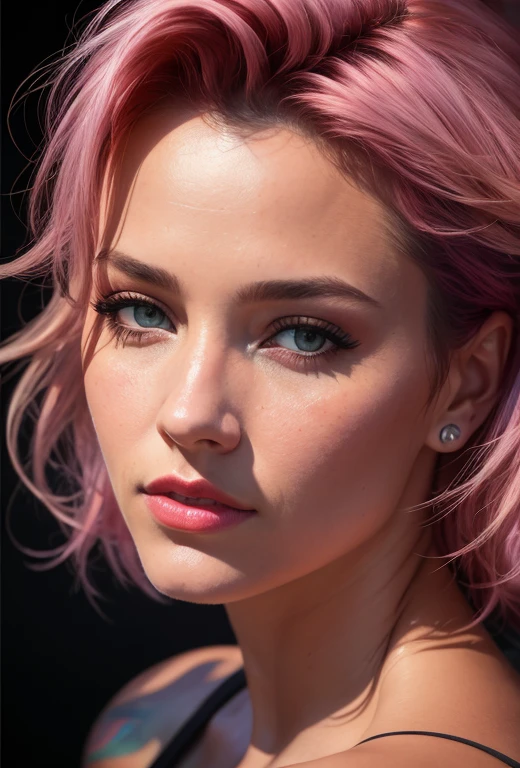women, close up, Side portrait, The ear looks good and is in the center of the image.., asymmetrical hits, bandage, short hair, hits, parts, grey eyes,  looking at the viewer, neck tattoo,  pink hair, The hair ends are a darker pink., Alone, Photorealist, Photo, masterpiece, realist, Realism, PhotoRealism, high contrast, Photorealist digital art trending on Artstation 8k HD high definition detailed realist, detailed, skin texture, hyper detailed, realist skin texture, Best Quality, ultra high resolution, (Photorealist:1.4),, High resolution, detailed, raw Photo, sharp fire, by lee jeffries nikon d850 film stock Photograph 4 kodak portra 400 camera f1.6 lens rich colors hyper realist lifelike texture dramatic lighting unrealengine trending on artstation cinestill 800,