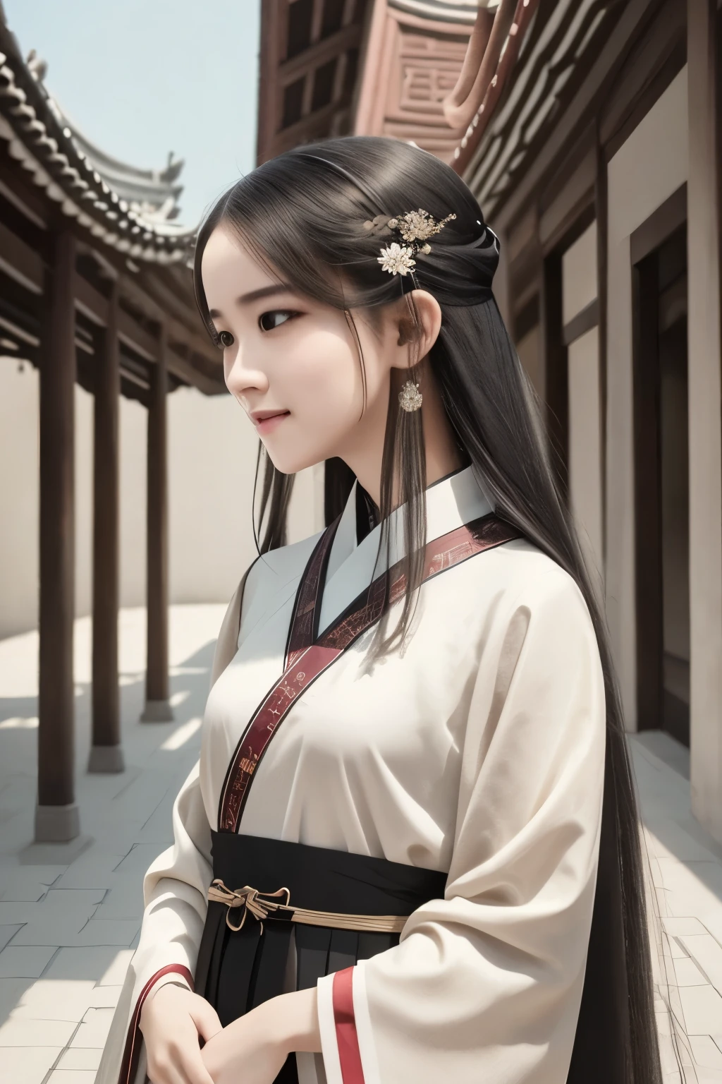 1girl,full body,extremely detailed face, beautiful detailed eyes,light on face,cinematic lighting,looking at viewer,outdoors,Black hair,(balck Chinese architecture:0.05),hanfu,