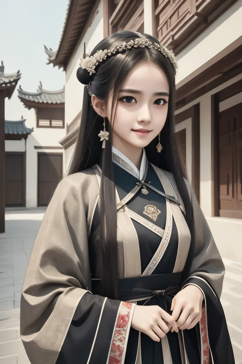 1girl,full body,extremely detailed  face, beautiful detailed eyes,light on face,cinematic lighting,looking at viewer,outdoors,Black hair,(balck Chinese architecture:0.05),hanfu,