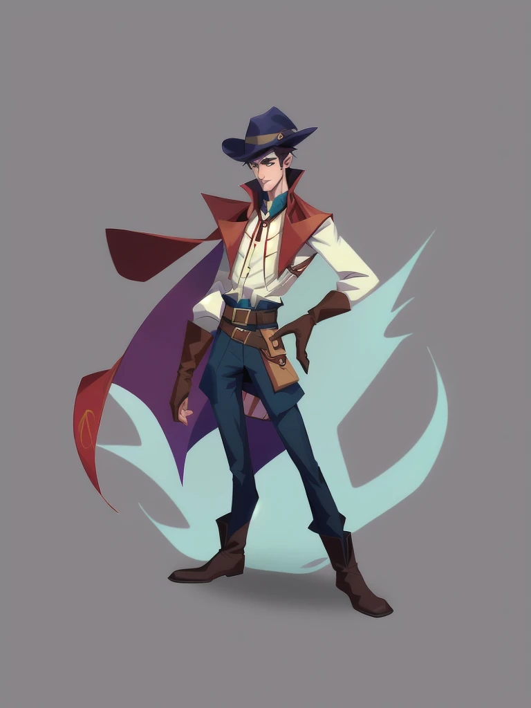concept art, European and American comics, game character design, RPG Fantasy Game Characters, 1boy, solo, Asian male in his 20s, Male-centric, brown bowl cut hair, Straight hair that falls straight down to the eyes, as if the head was cut with a hat on, slim body type, Wearing a red cloak tied around his neck, Blue long sleeve jacket, Vertical dark striped sprite pattern, Wearing a protector with a brown leather pocket on the waist, Brown gloves, Aiming pose with a bow, Hair styled in a neat, straight-cut bangs, Upper body focused illustration, Clear facial expressions, Zoom in so the face is very visible,
