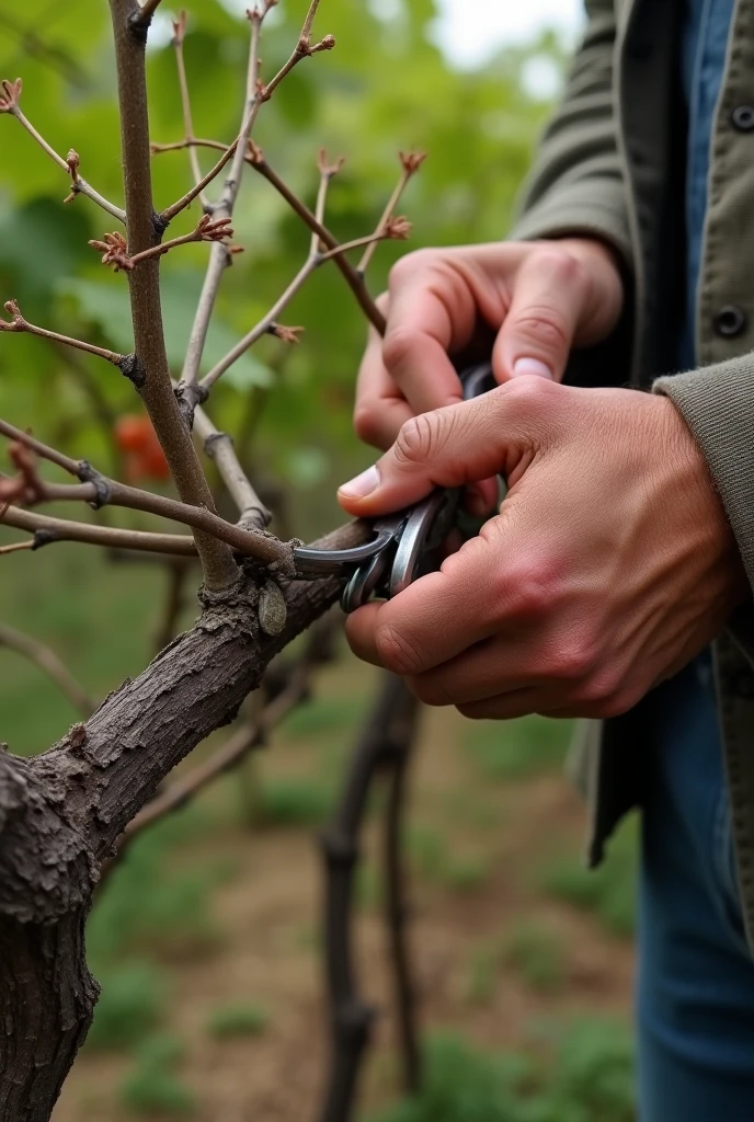 GRAPEVINE WITH BRANCHES BEING PRUNED BY THE FARMER'S HANDS, I only want the hands, pruning the branches
