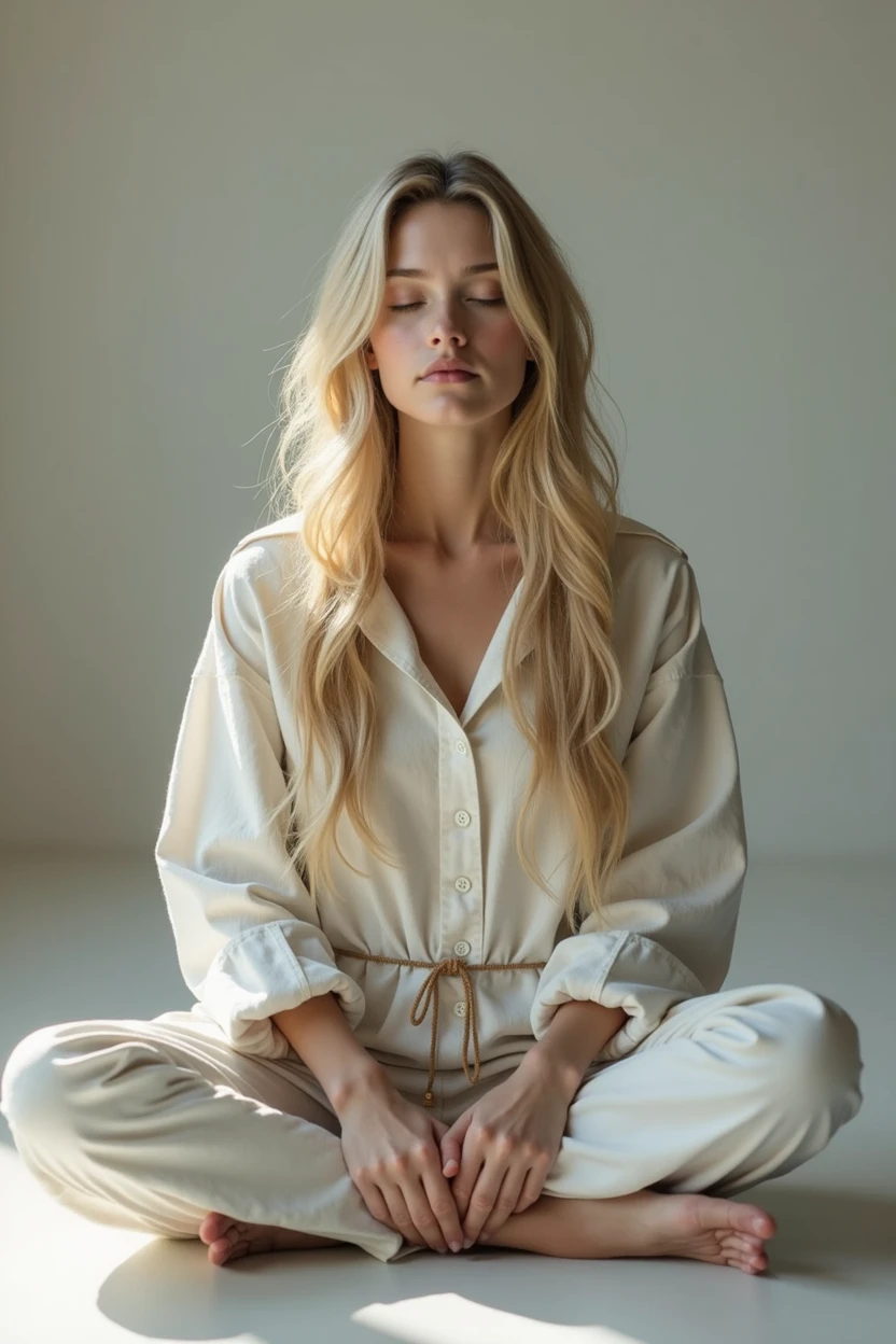 Girl with long blonde hair, She is sitting and meditating with gray-blue eyes .HP (Best quality,4K,8 K,a high resolution,masterpiece:1.2),ultra detailed,(realistic,photorealistic,photo-realistic:1.37),HDR,studio lighting,very detailed face body clothing