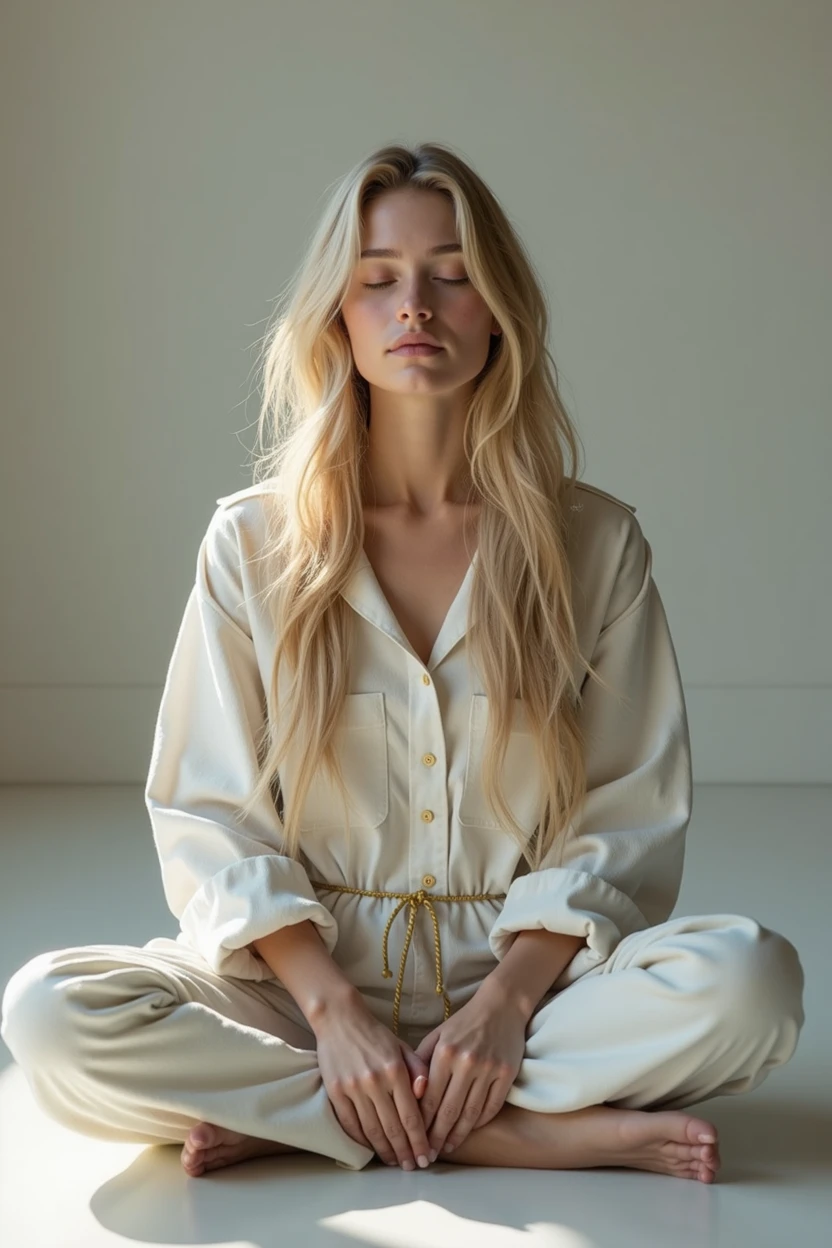 Girl with long blonde hair, She is sitting and meditating with gray-blue eyes .HP (Best quality,4K,8 K,a high resolution,masterpiece:1.2),ultra detailed,(realistic,photorealistic,photo-realistic:1.37),HDR,studio lighting,very detailed face body clothing